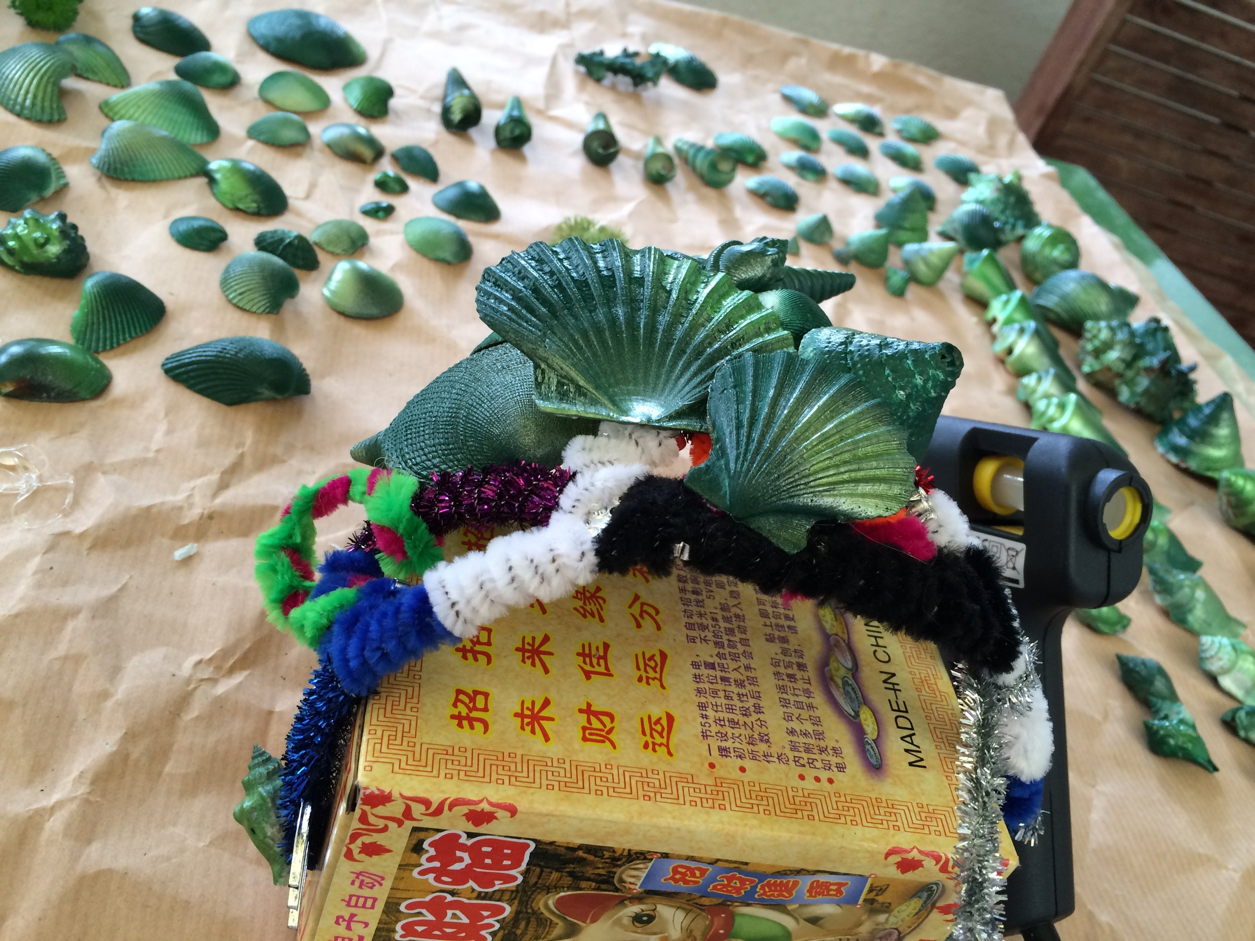 Shell crown in progress, hot glue gun a-hoy-hoy!