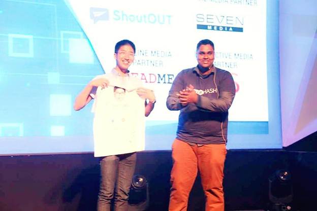 Hype#Hash founder Ravihans B. Wetakepotha with Brian Wong at the AngelHack Finals