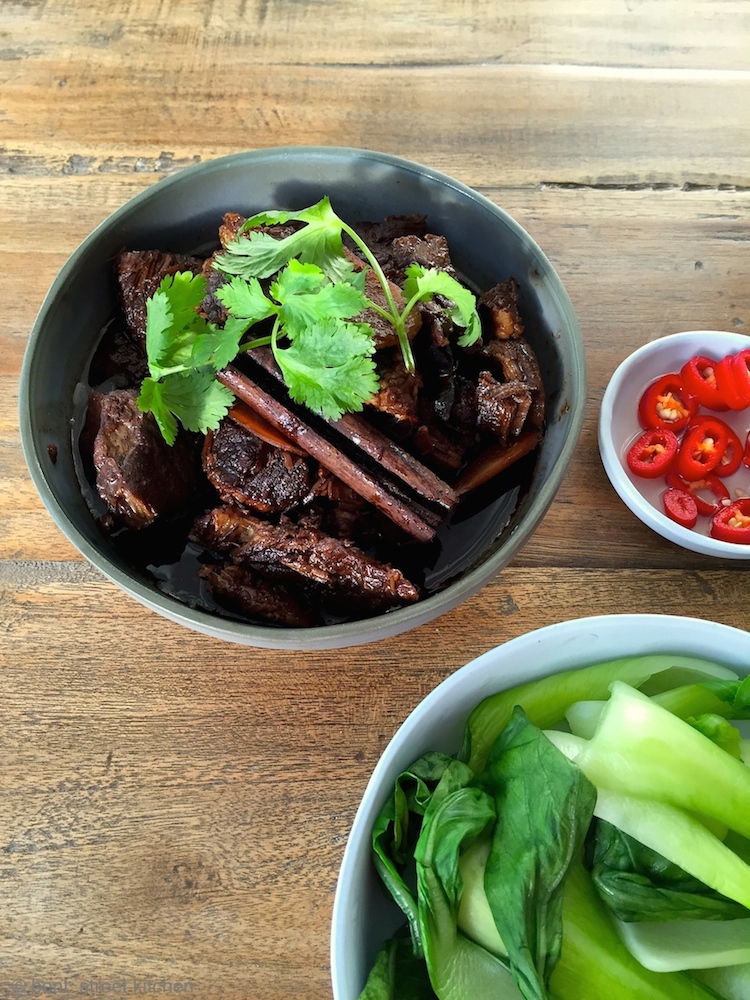 Here's a version of the stew in which I used chuck steak instead of brisket, used double the amount of black vinegar and didn't add boiled eggs. I found the brisket's flavour matched the rest of the ingredients more and using less vinegar meant more balance in the flavours.