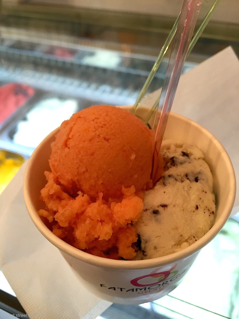  Left scoop- rose, hibiscus & orange. Right scoop - pear, vanilla and chocolate gelato from Fatamorgana