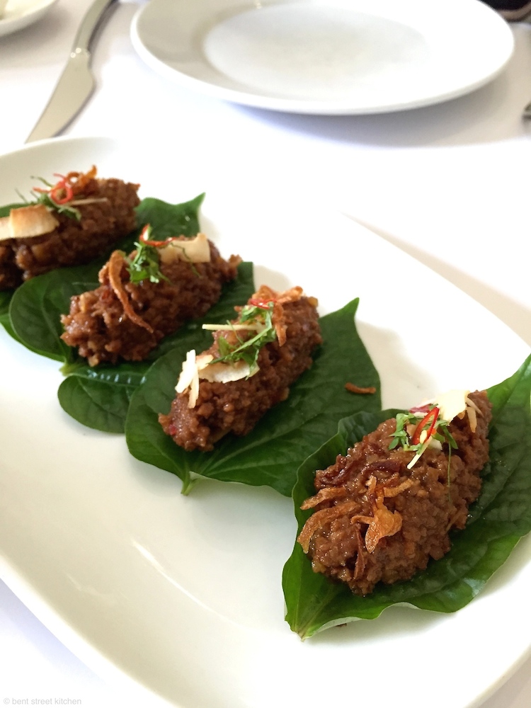 Fresh betel leaves with sticky caramelised Hampshire pork