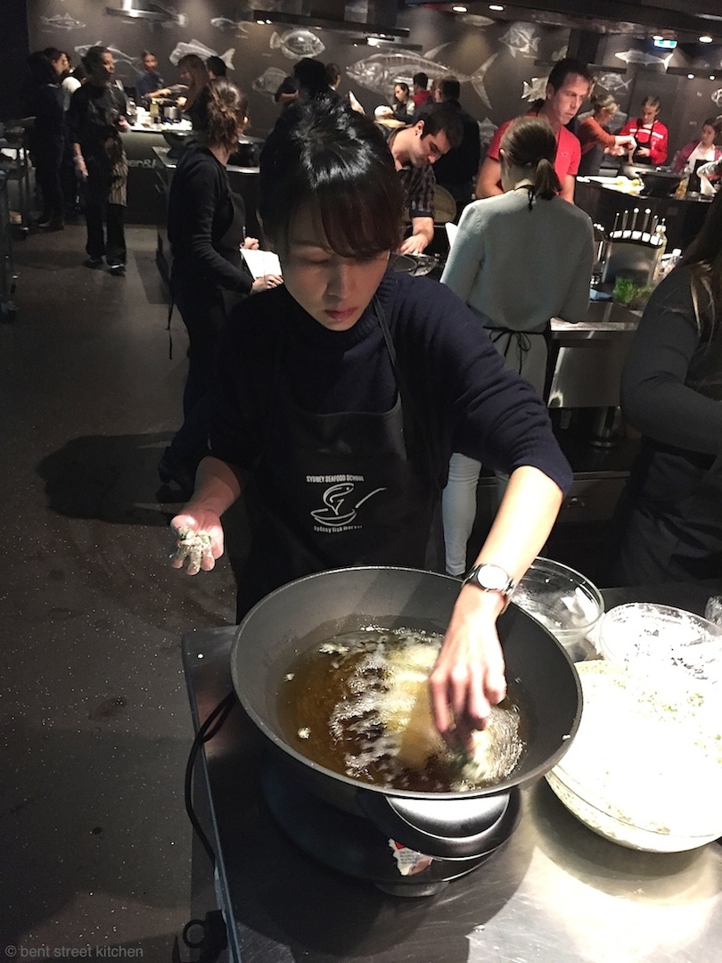 BSK trying to copy Hong's deft deep frying technique of swirling the tempura bug in the oil to make sure the batter sets before completely dropping it in.