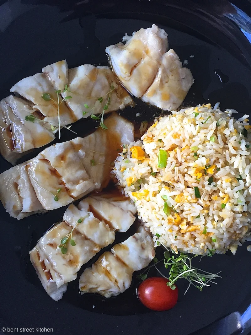 Dan Hong's steamed fish with egg fried rice and shiro dashi sauce