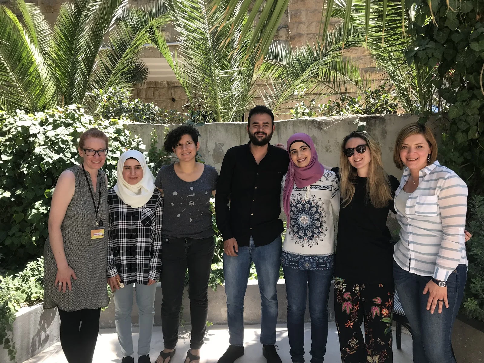From left to right: Amanda (team lead, DATA4CHANGE alumni), Shorouq (graphic designer from Jordan), Giselle (data researcher from the UK), Fahed (developer from Jordan based at ARIJ in Jordan), Eman (investigative researcher based at ARIJ in Jordan), Tiz (graphic designer from Italy), Hassel (data journalist from Costa Rica).