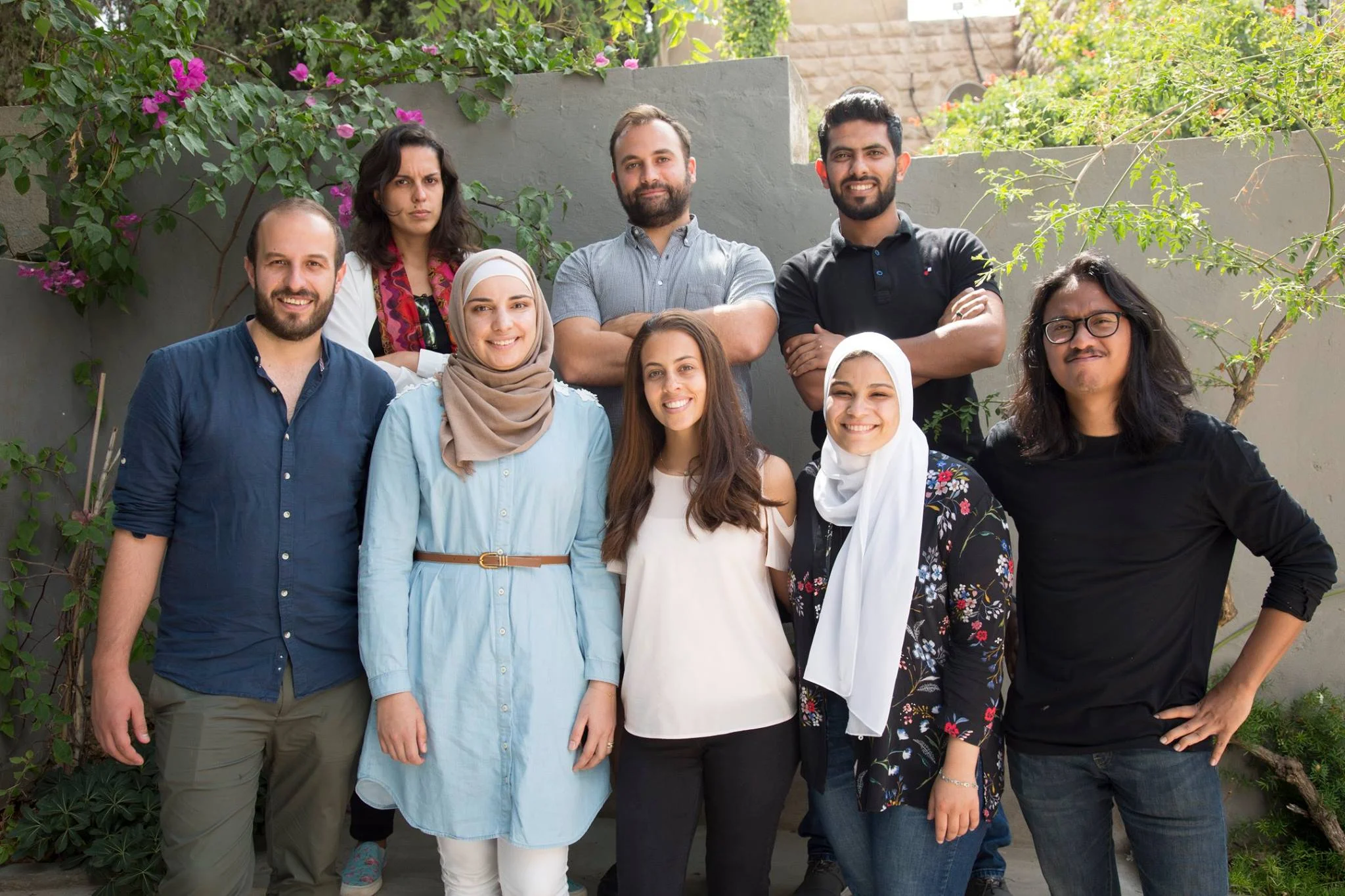 Back row (l to r): Rachel (data journalist from Brazil), Giorgio (team lead, DATA4CHANGE alumni), Saleem (data researcher from Jordan) Front row (l to r): Daniele (front end developer from Italy), Hadeel (IRCKHF representative), Jude (IRCKHF representative), Reem (graphic designer from Egypt), Lody (creative director and designer from Indonesia)