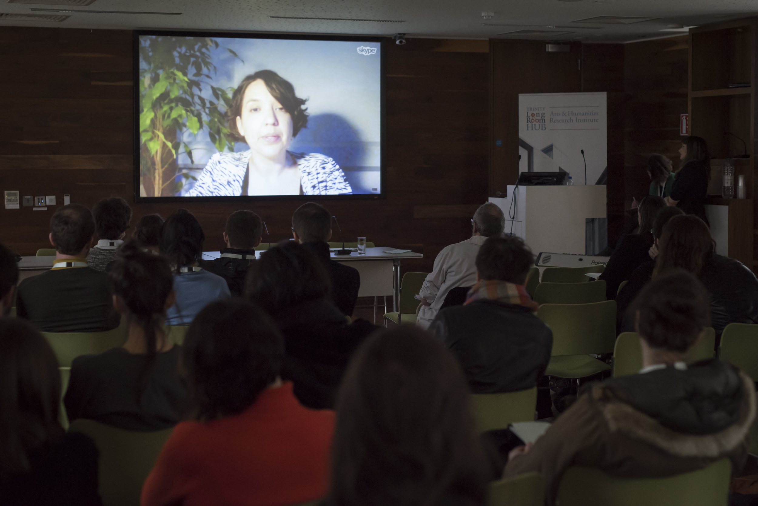 Dr Luna Dolezal speaking via Skype link up at the First International Conference of Ultimology, April 2016. Documentation photography by Louis Haugh.