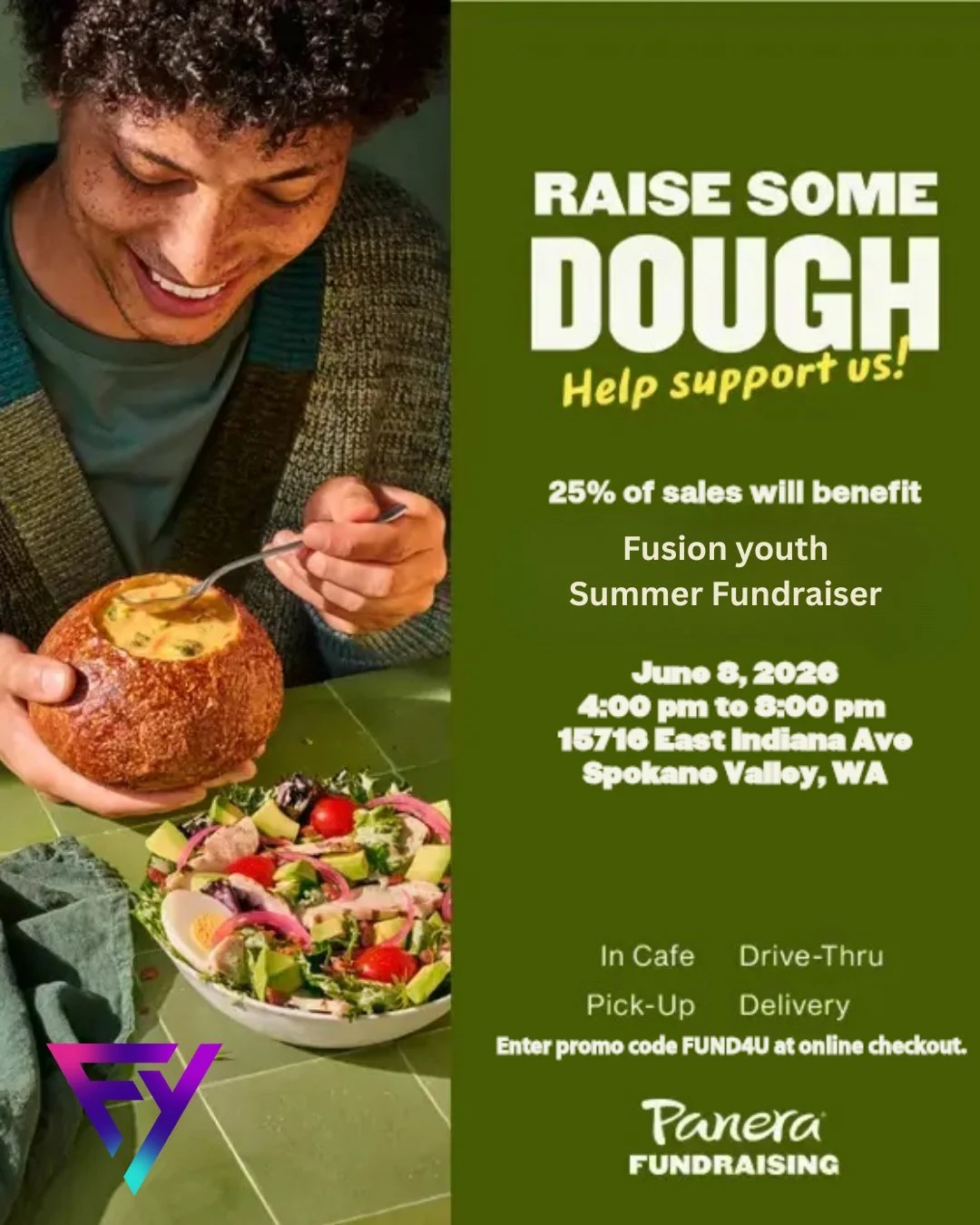 Next Monday! June 8th from 4pm-8pm we are partnering with Panera to help Fusion Students get to camp! Every student deserves to experience camp. Make sure you use the promo code FUND4U at checkout.