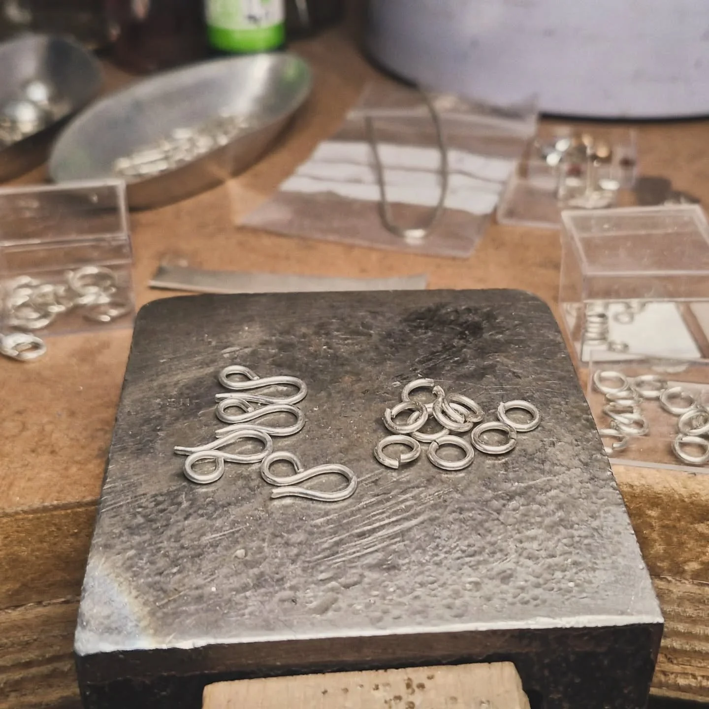 FINDINGS
Couple of bespoke pieces off to get hallmarked this week so I'm catching up on repair work this morning and re-stocking these clasps. I make most of my findings in batches like this using the ends of recycled wires and bits and pieces.
The j