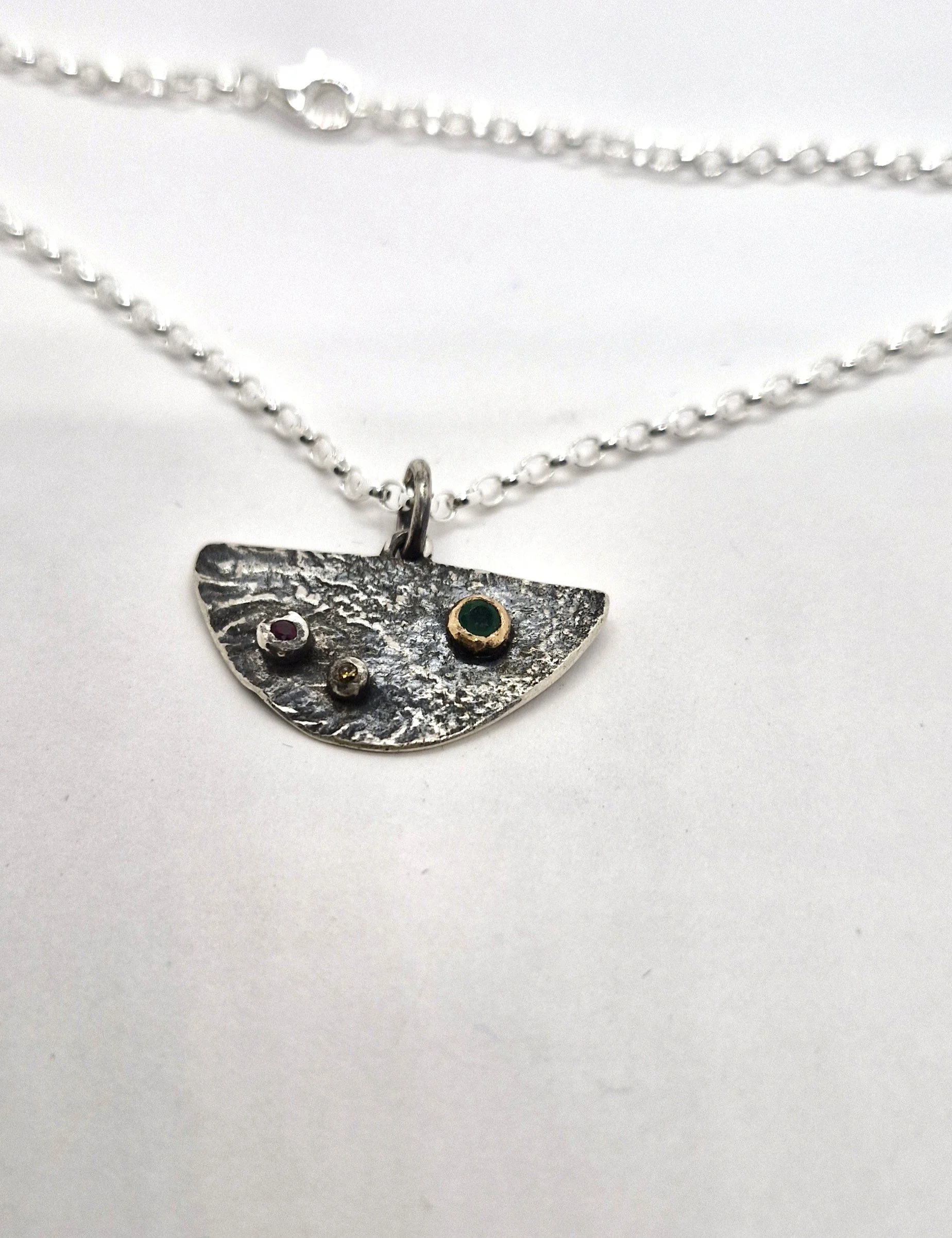 Necklaces Pendants Moonscape in Recycled Silver with Ruby, Diamond and 18ct Gold Set Emerald  (2).jpg