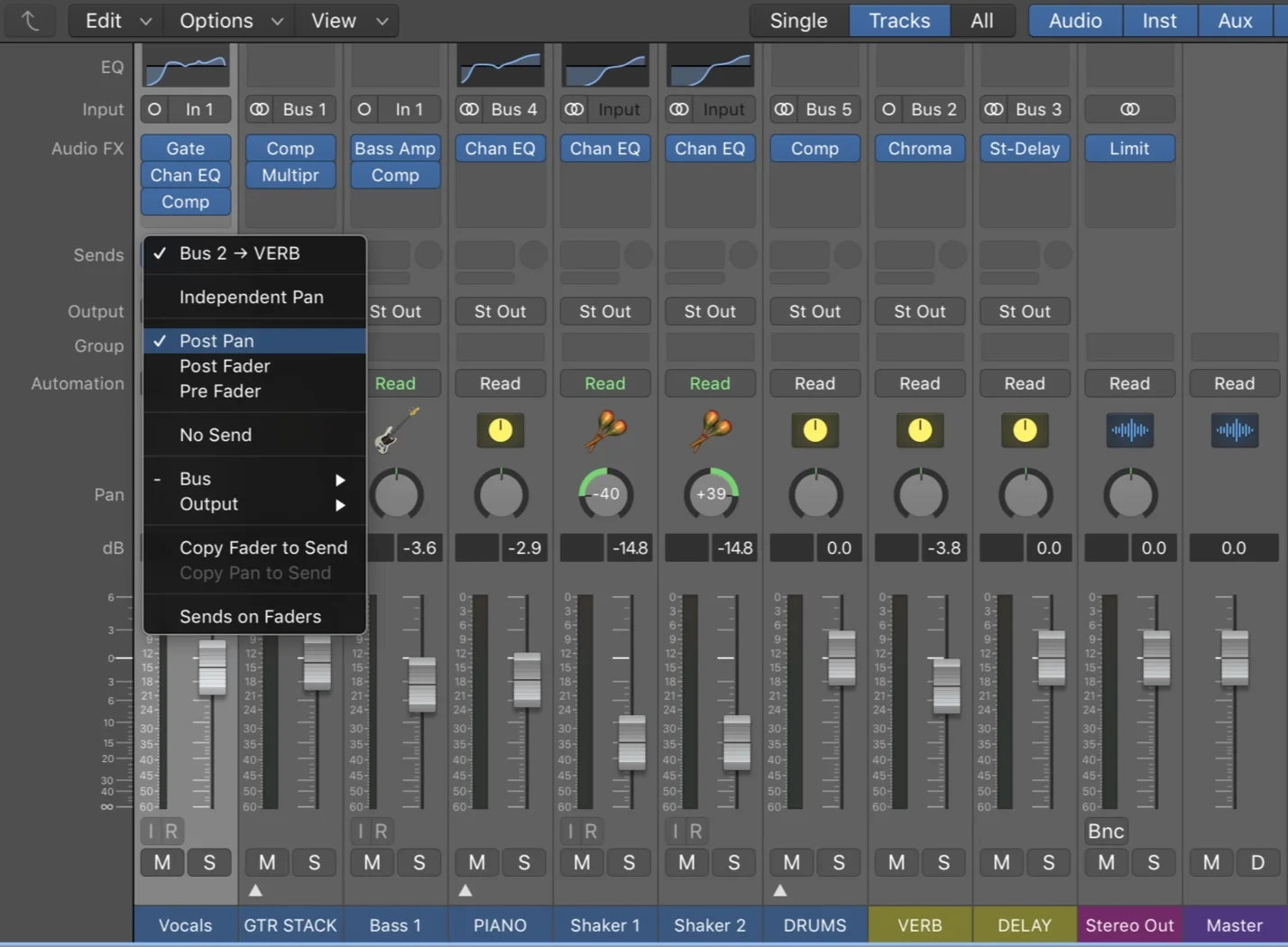 Click on the SEND tab on a track to route a new send. Logic will automatically create an auxiliary channel strip with the assigned bus as it’s input. Note ‘Bus 2’ going to the ‘VERB’ aux track.
