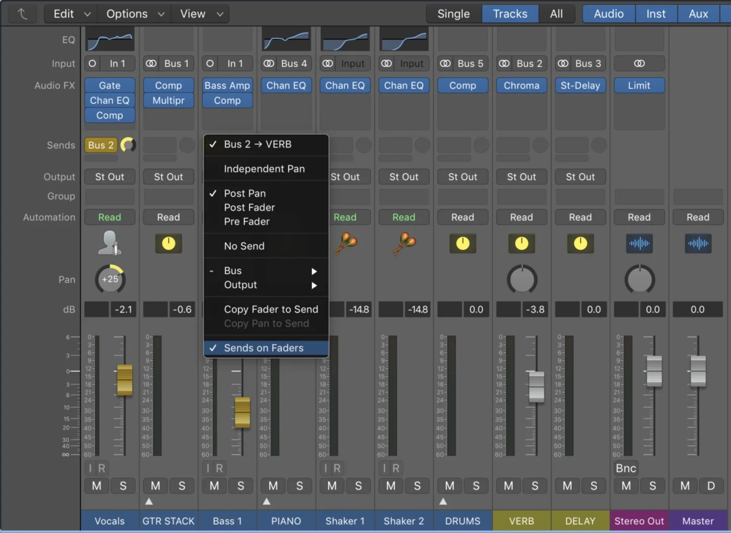 Choosing ‘Sends on Faders’ and ‘Independent Pan’ turns the volume fader yellow, and adds a yellow pan knob.