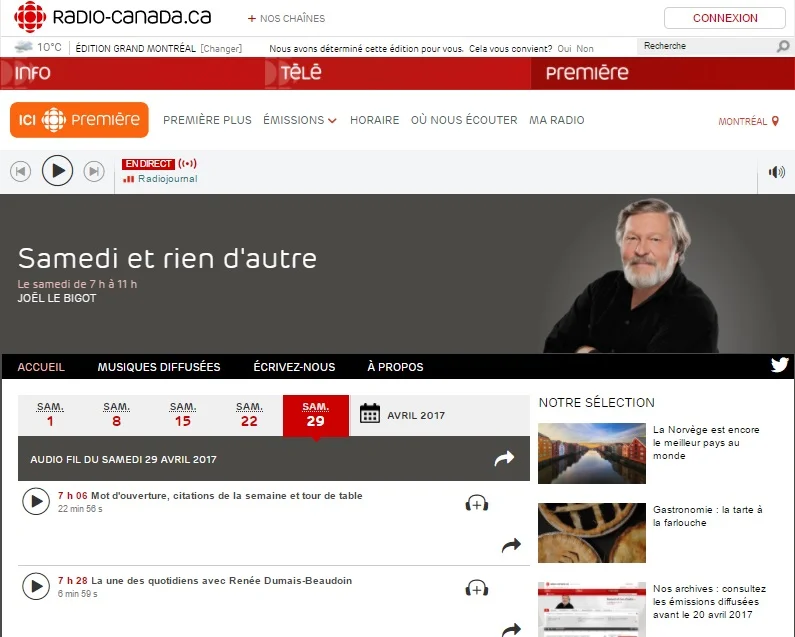 Radio-Canada Première, March 29th 2017