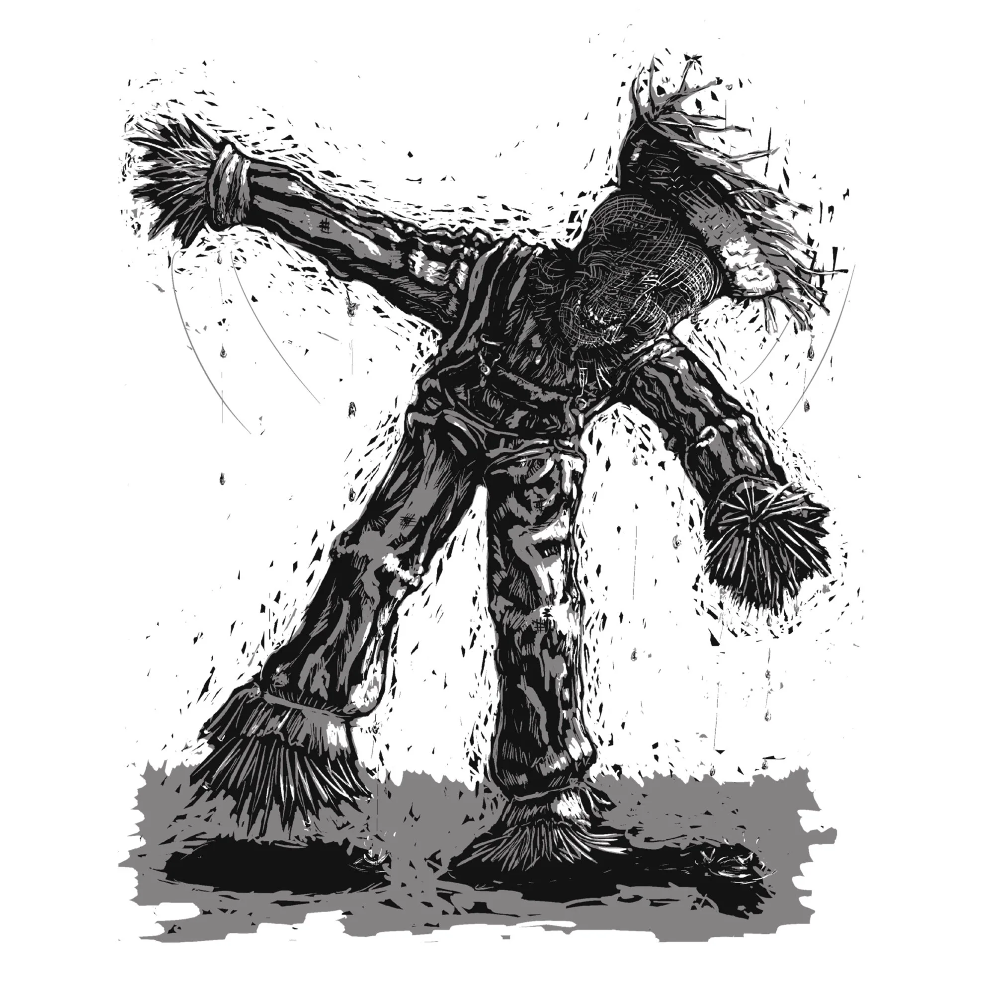 Black and white digital illustration of a creepy possessed scarecrow. It is animated by black magic. For a YA fantasy novel On the Subject of Witches, written by Saint Louis, MO author Briland Schack-Farnell.