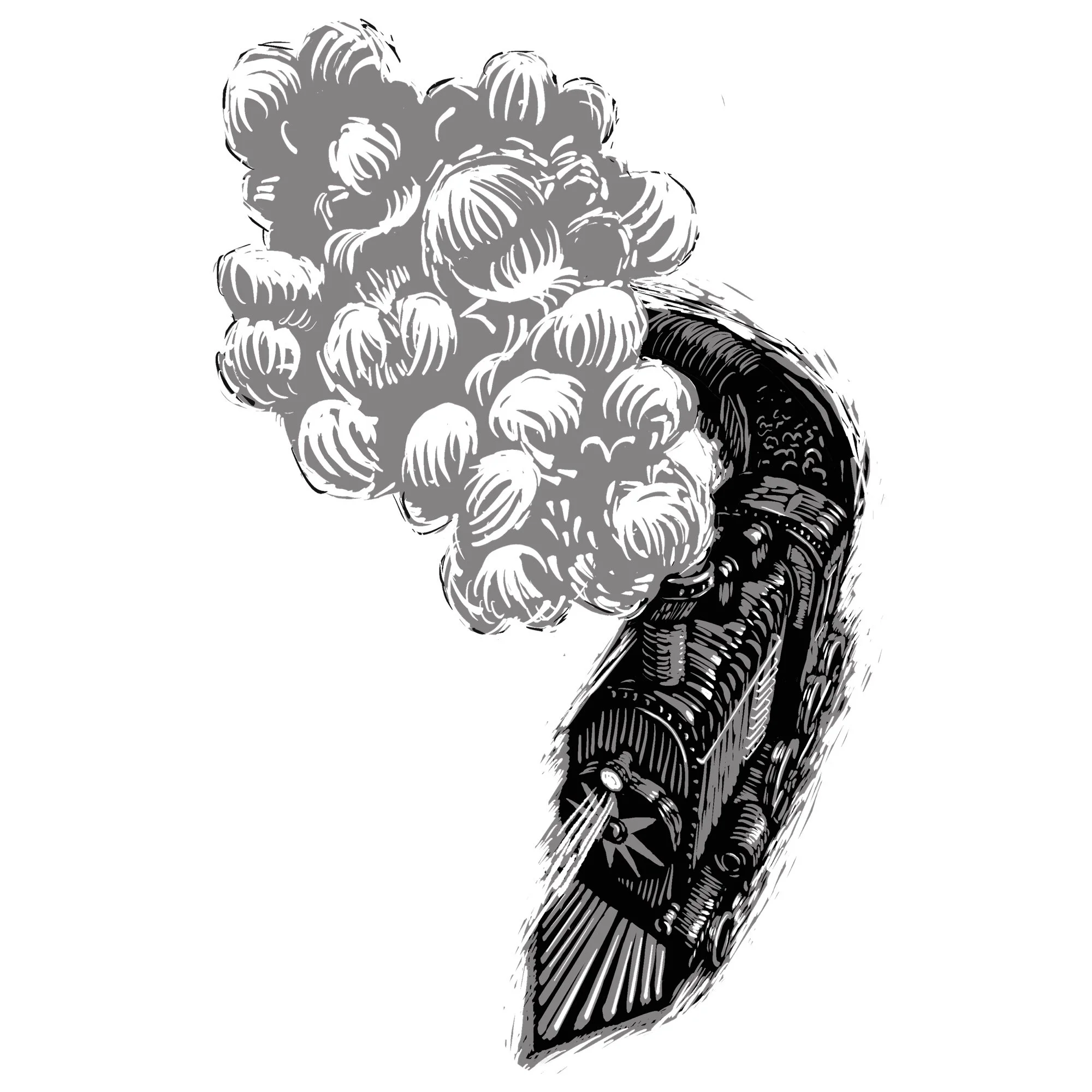 A linocut-inspired black and white digital illustration of a steam train. It is the scene of a battle with a witch-hunter. Victorian era and steam-punk vibes.
