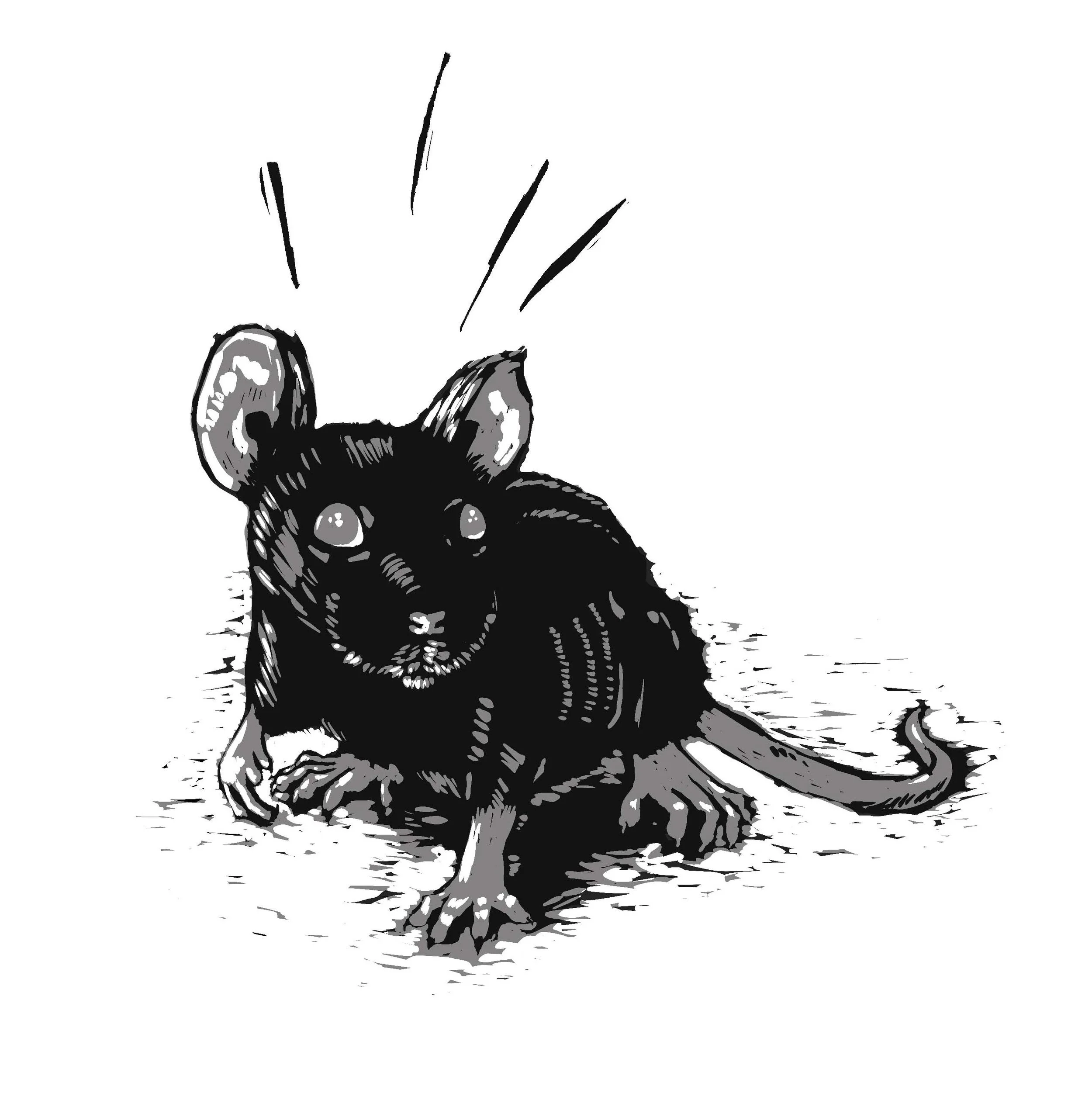 Black and white line drawing of a dog with its tongue out, sitting on a flat surface.