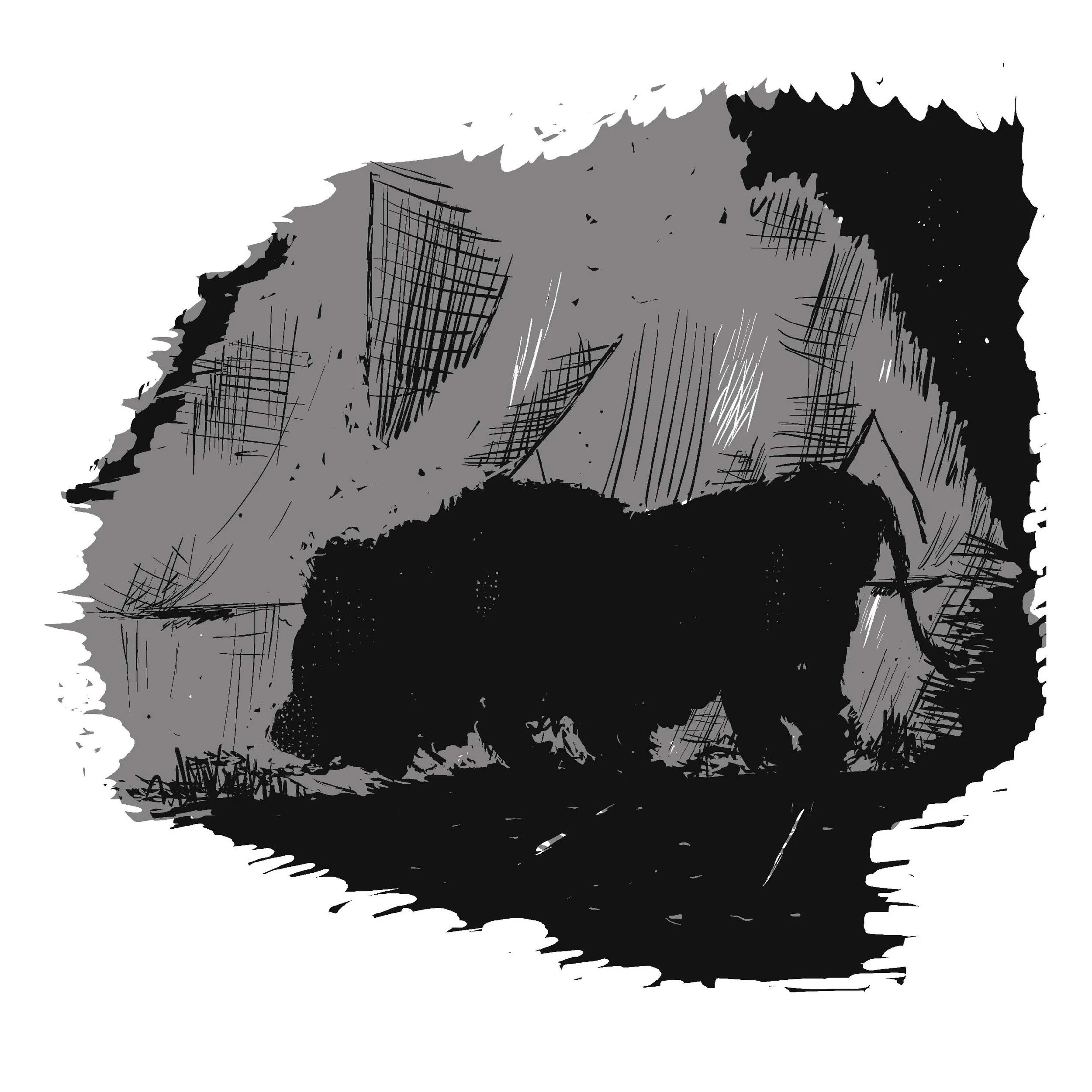 Black and white digital illustration of a lion's silhouette on a tent wall. The lion is helping a cowboy witch hunter in a young adult fantasy novel by a Saint Louis author.