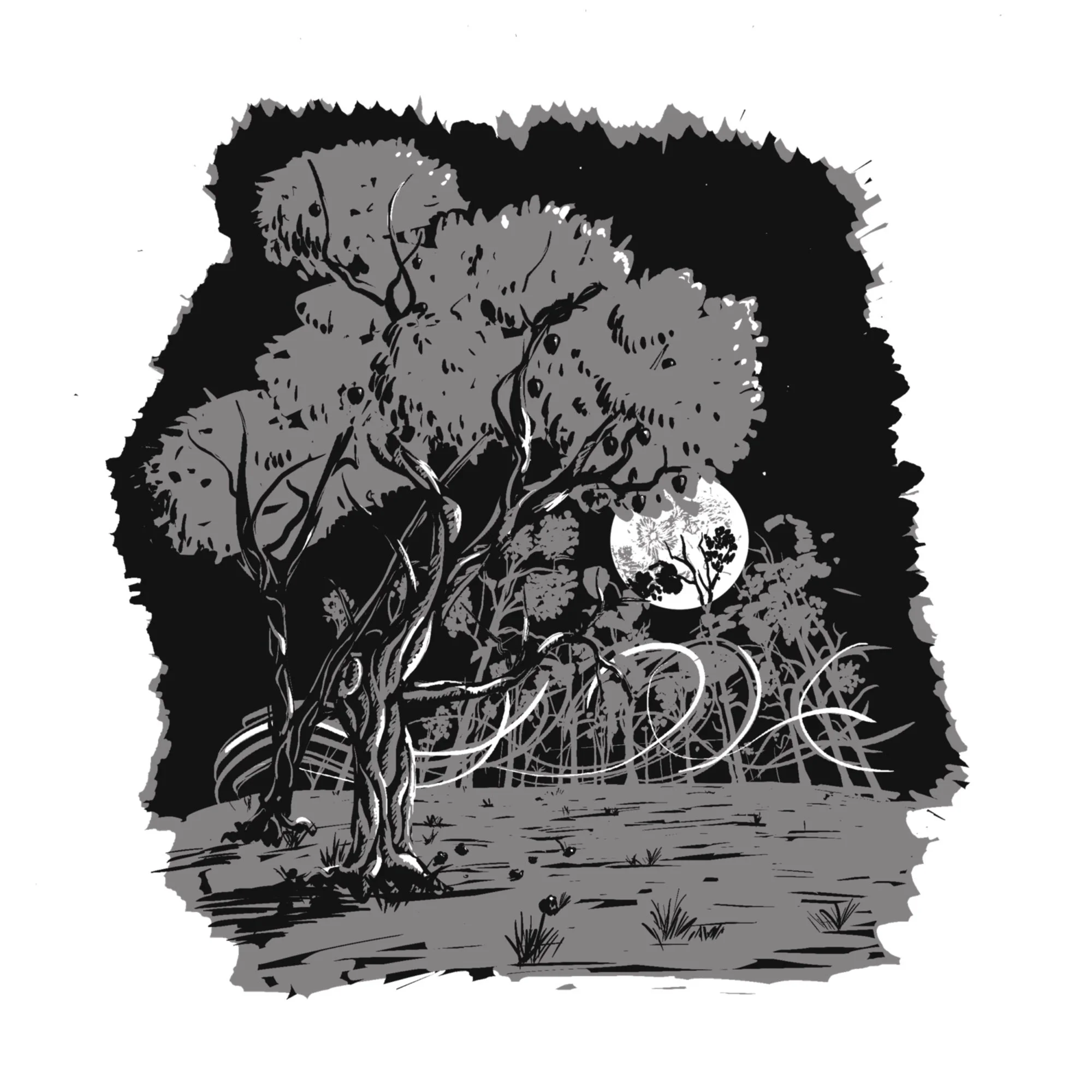 A black and white digital illustration of a creepy forest with a full moon in the background.