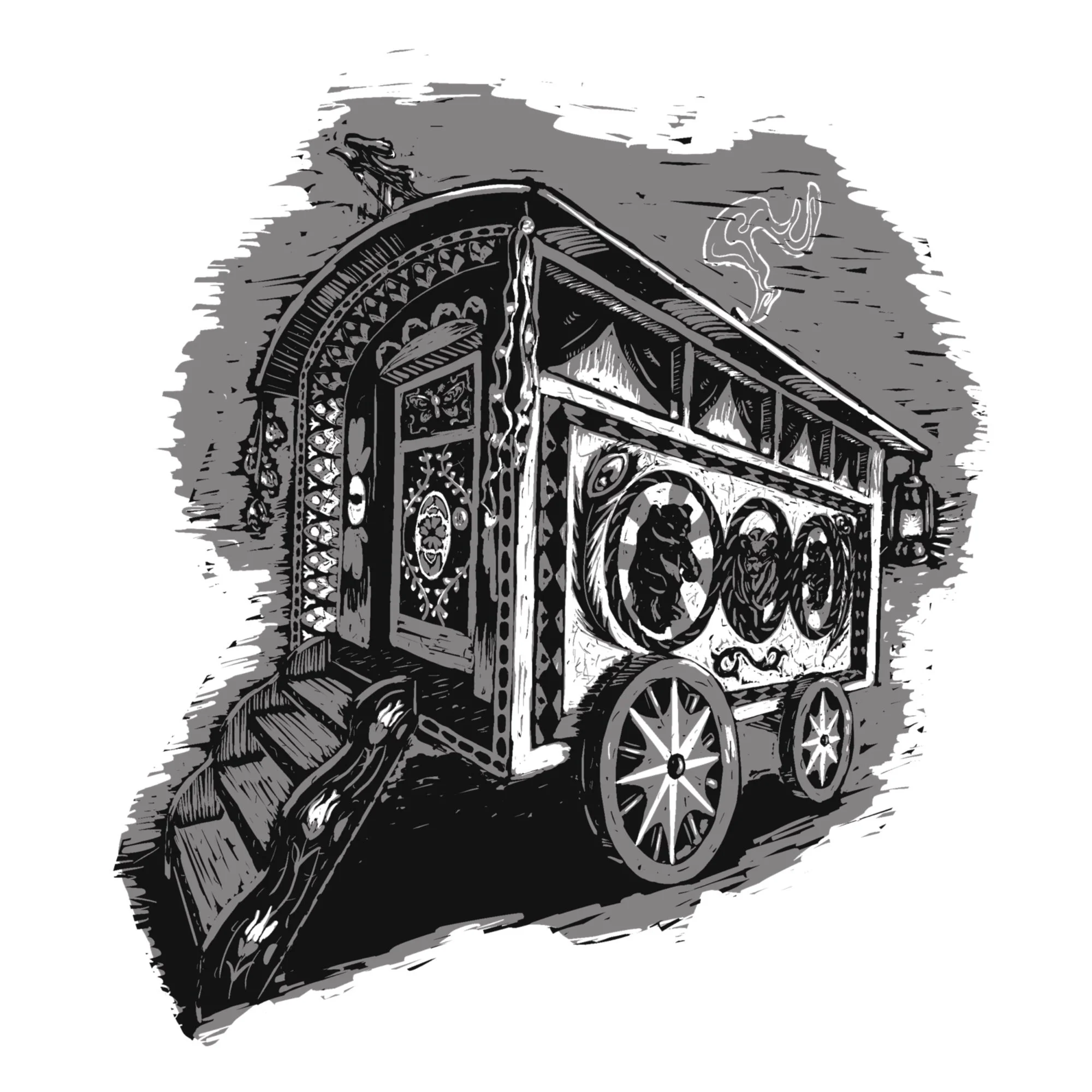 A detailed, black-and-white digital spot illustration in 2-point perspective of an ornate, vintage-style circus wagon decorative architectural designs, underneath some clouds in the sky. For a YA fantasy novel called On the Subject of Witches.