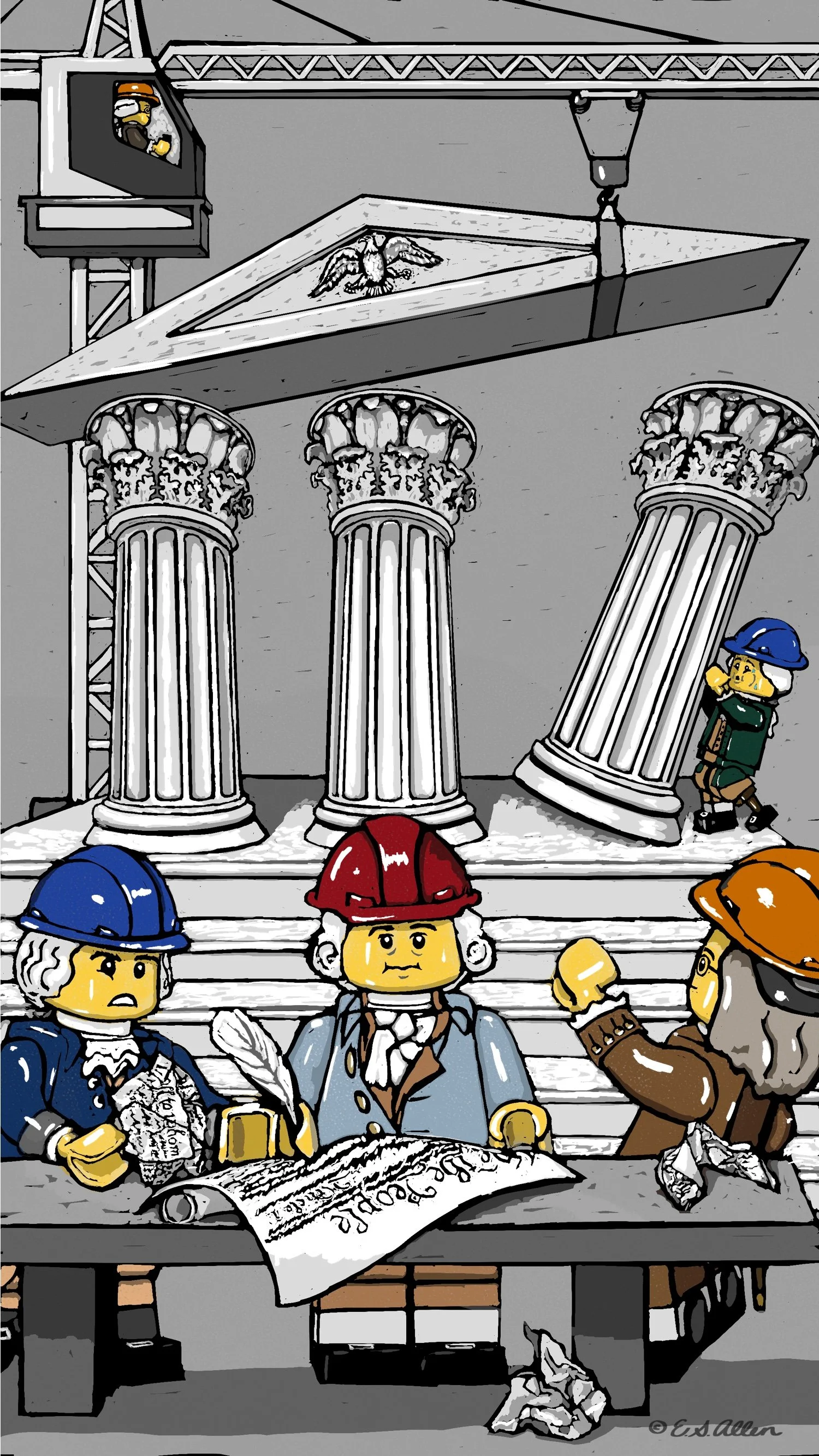 Lego mini-figure Founding Fathers, some with period-specific clothing and wigs, at a construction site with the U.S. Constitution as the architectural plans. James Madison, Gouverneur Morris, Benjamin Franklin, Hamilton, James Wilson.