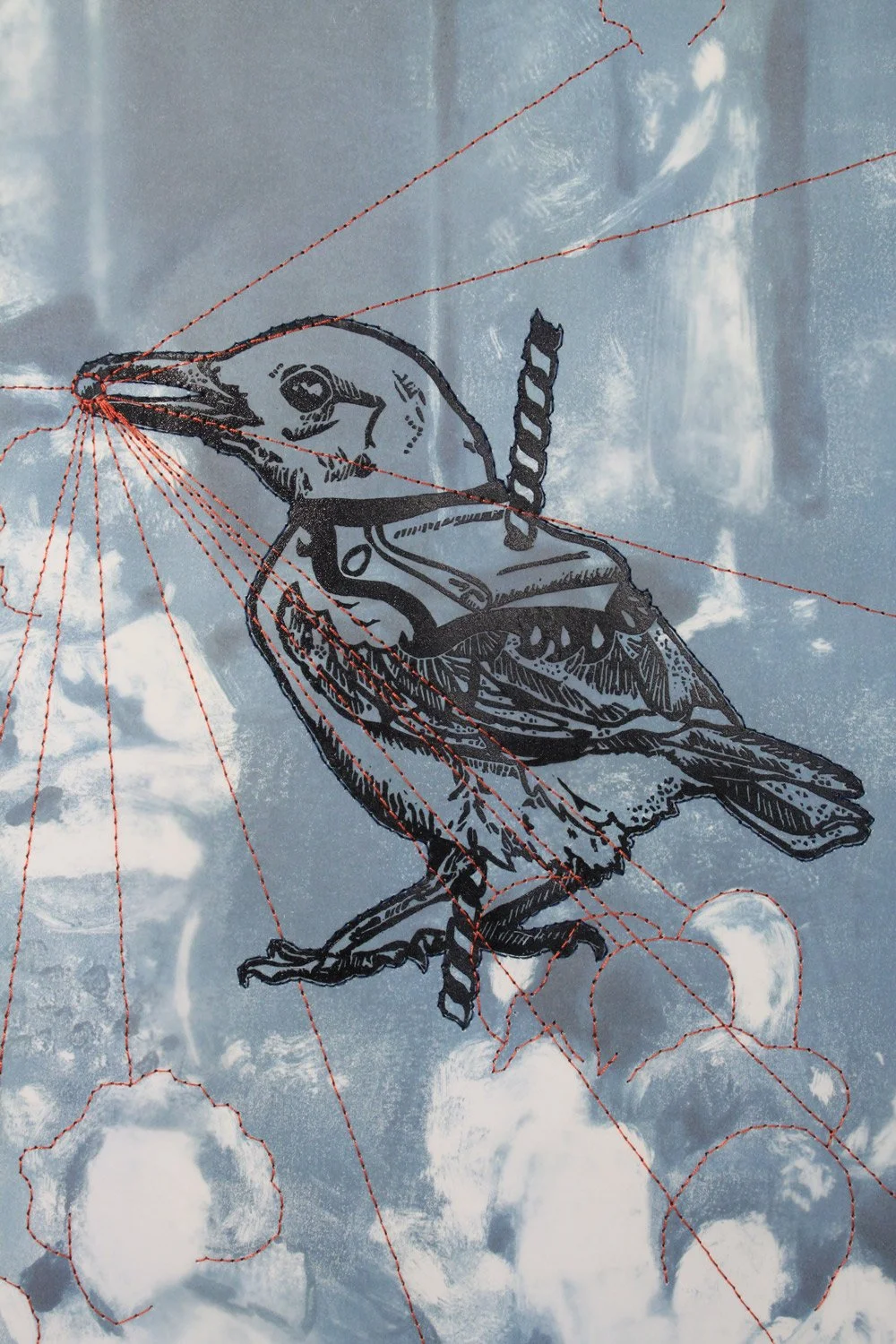 A black linoleum block/linocut print of a nuthatch bird as a carousel animal, set against a monoprint image of children. Hand sewn embroidery on paper. Elizabeth Simmons Allen