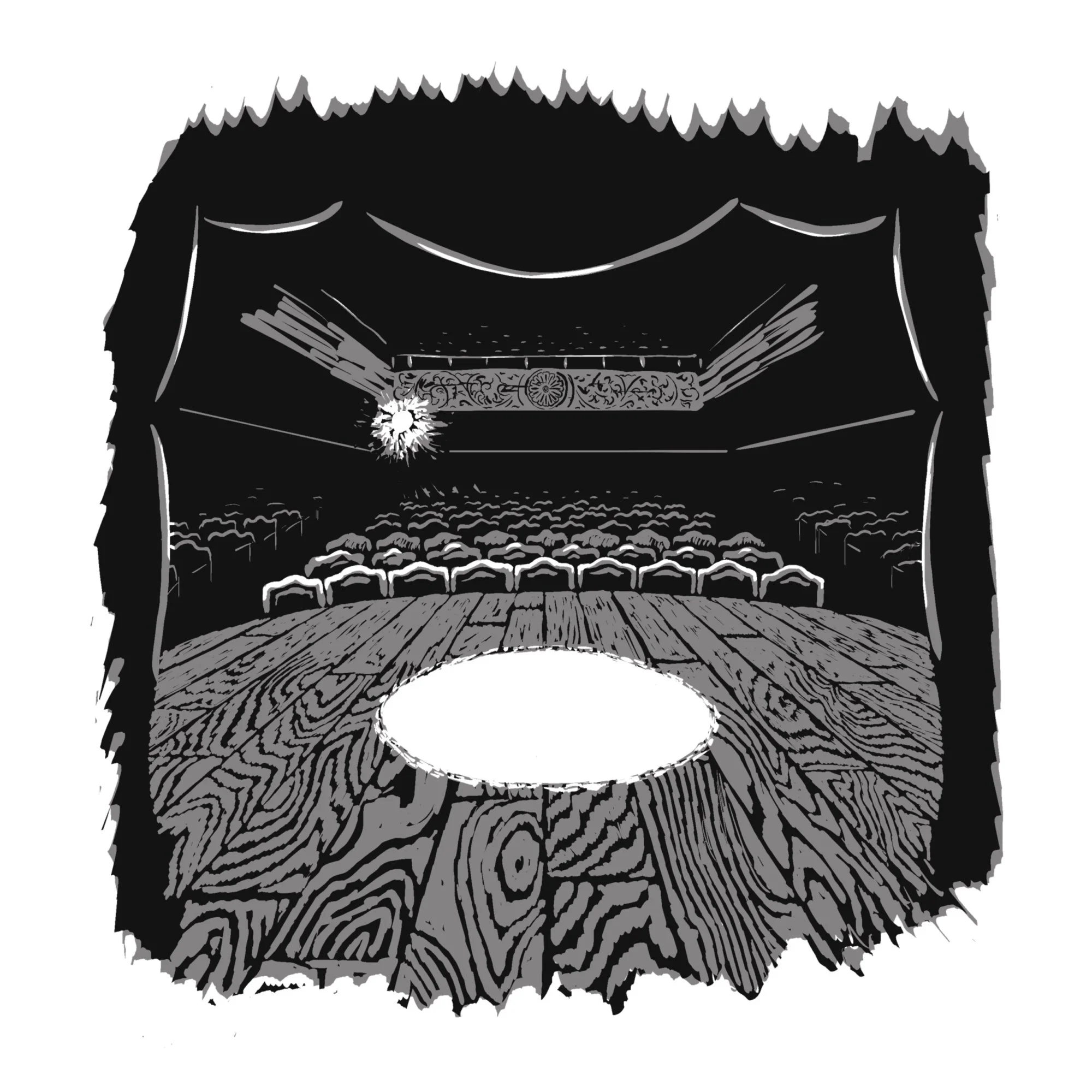 An illustration of an empty theater stage with a spotlight. The theater is the setting for a seance by a fraud but very real spirits come to haunt the protagonist. YA fantasy novel.