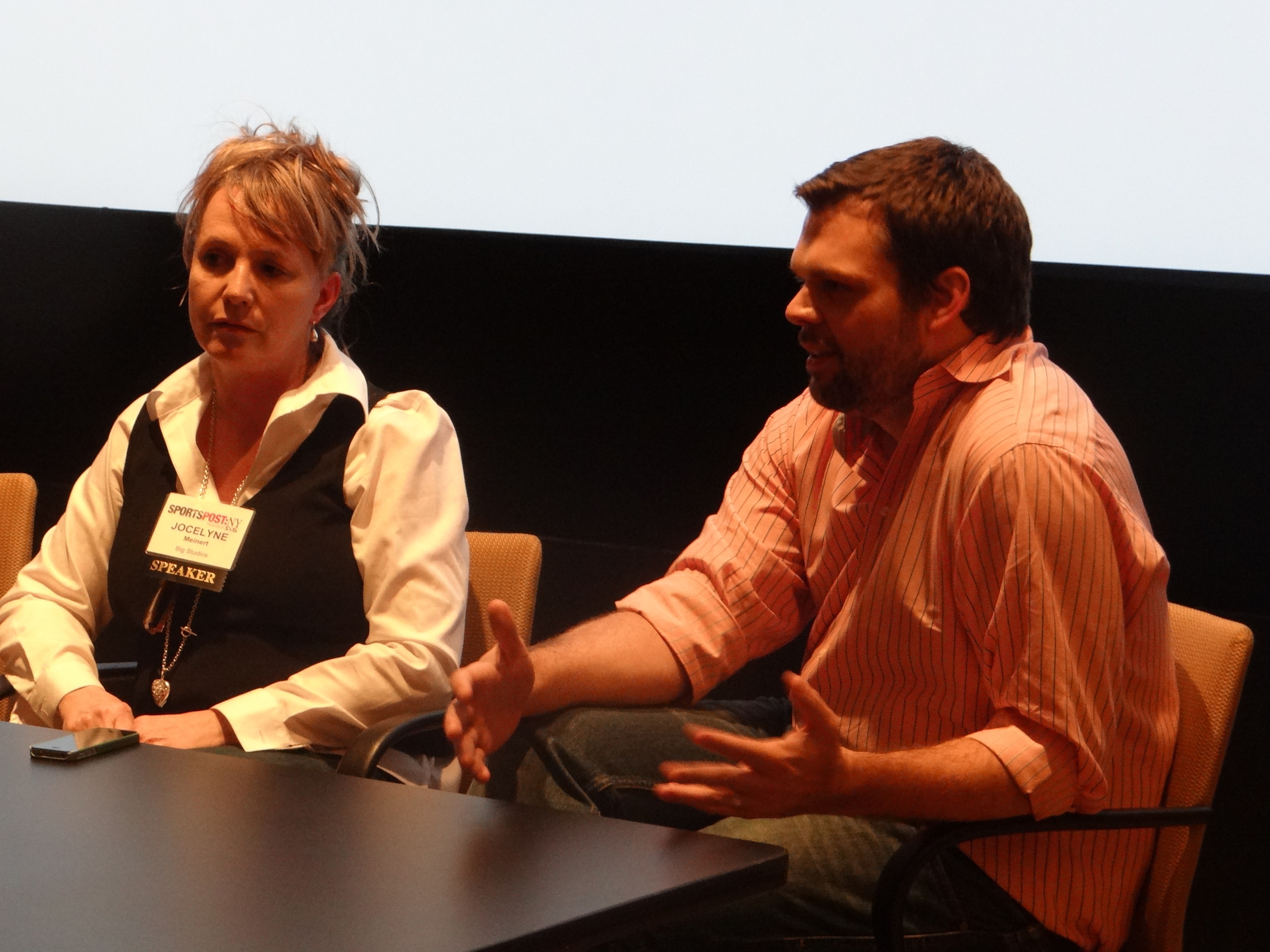 Big Studios’ Jocelyne Meinert (left) and CBS Sports’ Gareth Hughes reported on giving Super Bowl graphics a new look.