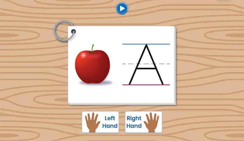 Digital handwriting flash-card: a red apple sits beside an uppercase “A” on lined guides, with a play button above and “Left Hand” / “Right Hand” buttons with hand icons below.