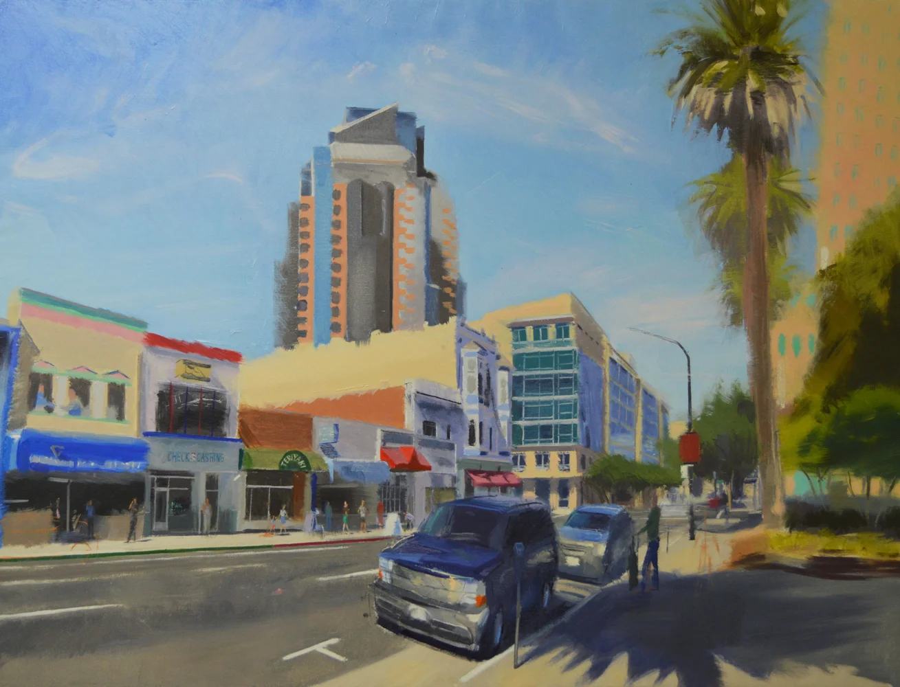 10th and J Streets, Facing Southwest. Oil on linen. 2015. 43 x 53 inches.