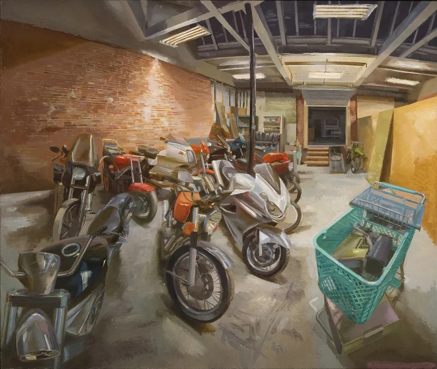 Inside ICCE Motorcycle Shop. Oil on linen. 2008. 50 x 56 inches.