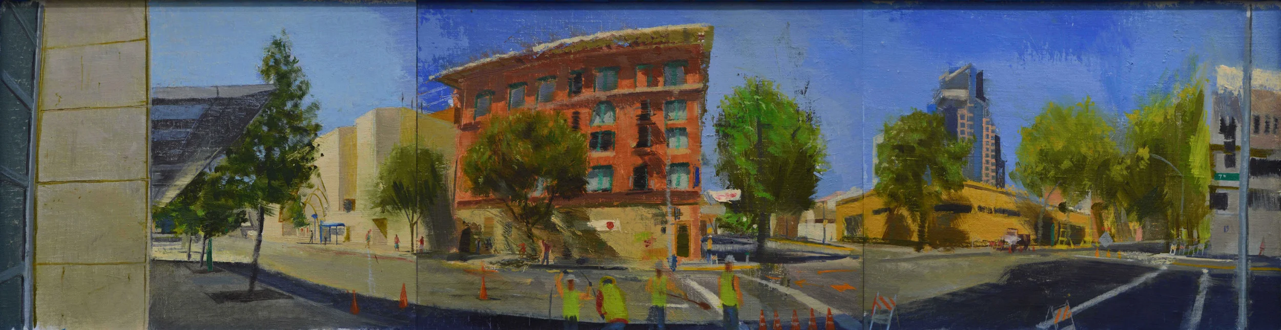 7th and L Streets, East to North to West. Oil on three linen panels. 2014. 12 x 48 inches.