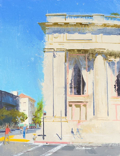 7th and J Streets, Facing West. Oil on linen. 2015. 12 x 16 inches.