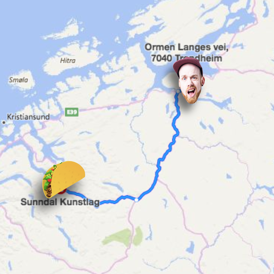 Avstanden fra atelieret mitt i Trondheim til galleriet. You taco to me?