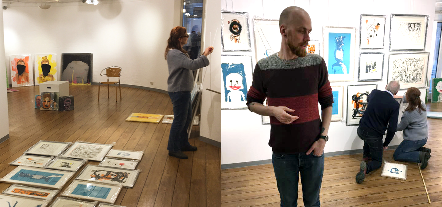 I underkant av 50 bilder skulle henges opp. Greit med kyndig hjelp da.