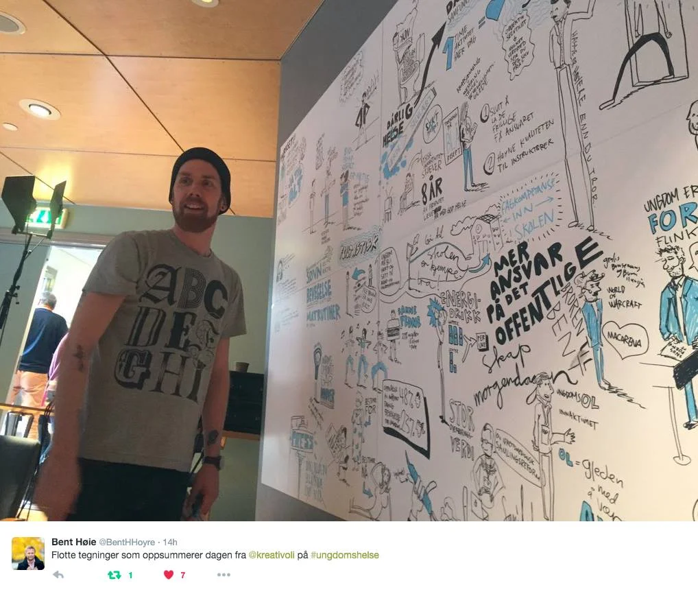 Helseminister Bent Høie liker også live-tegninger. Her fra Ungdomshelsekonferansen i 2016