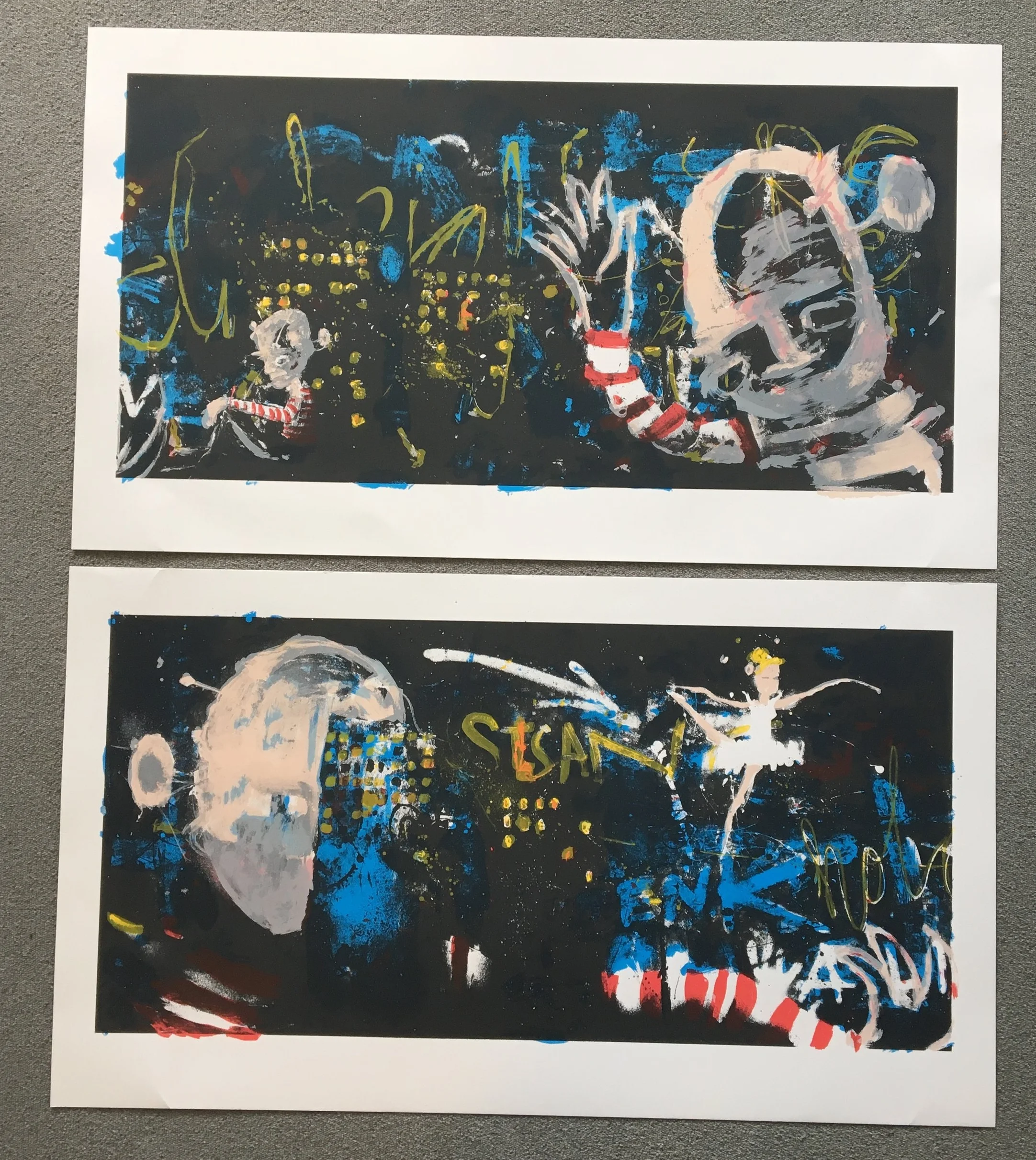 Ferdige silketrykk. Øverst: "Veien III" og "Veien II" nederst.