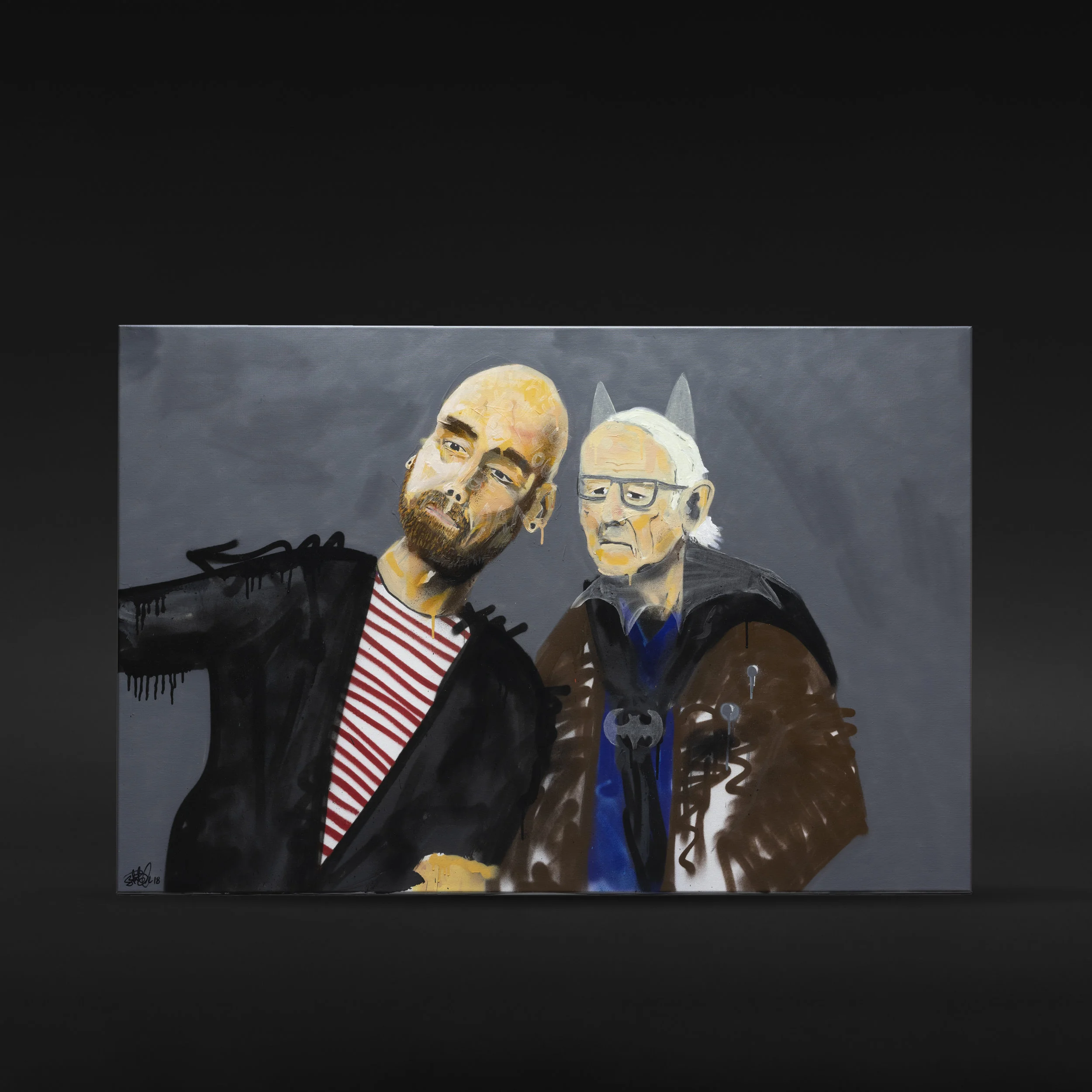 “Selfie med Batman”, 2018, 150 x 100 cm, blandingsteknikk på linlerret.