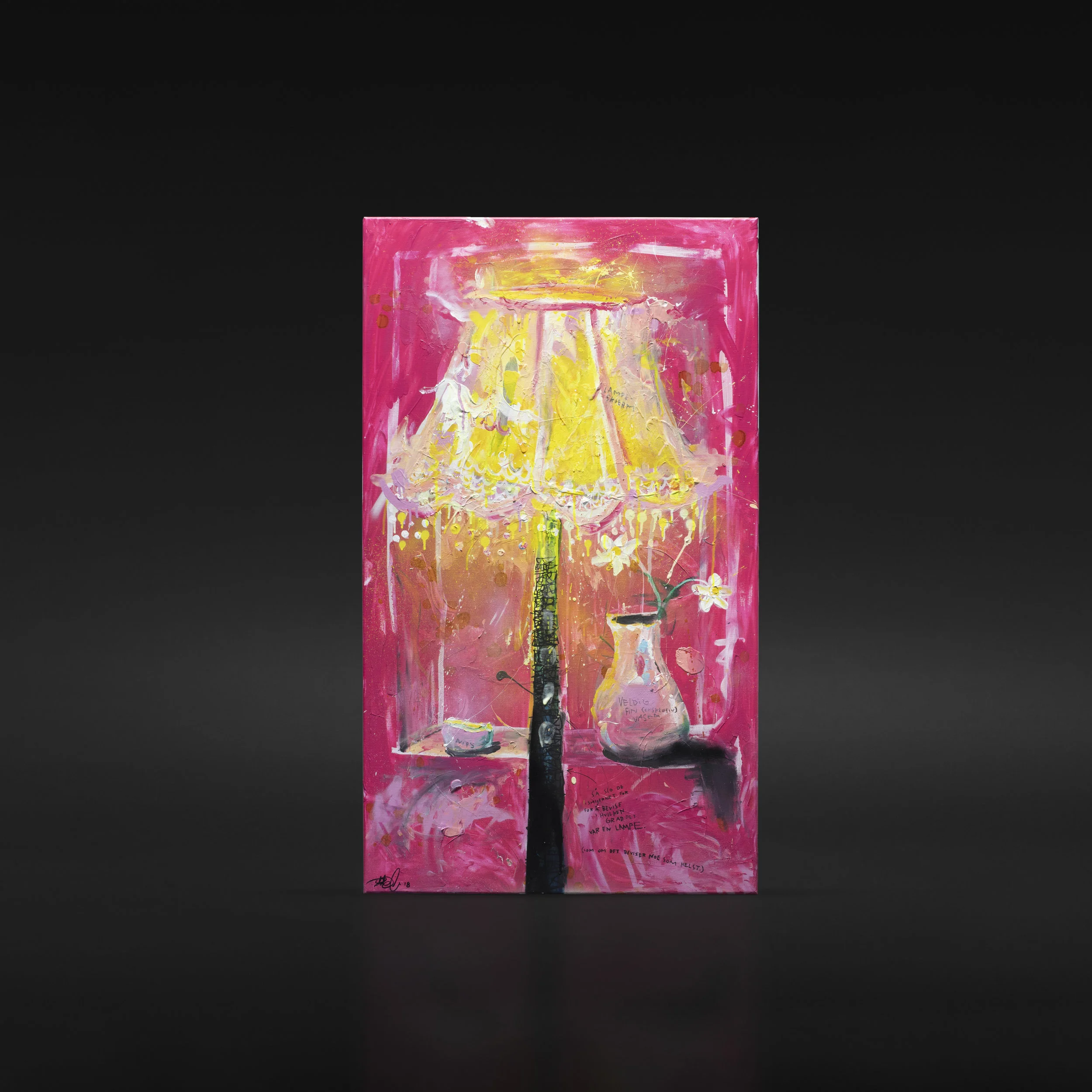 “Det er bare en lampe, sa de voksne”, 2018, 70 x 120 cm, blandingsteknikk på linlerret. 🔴SOLGT