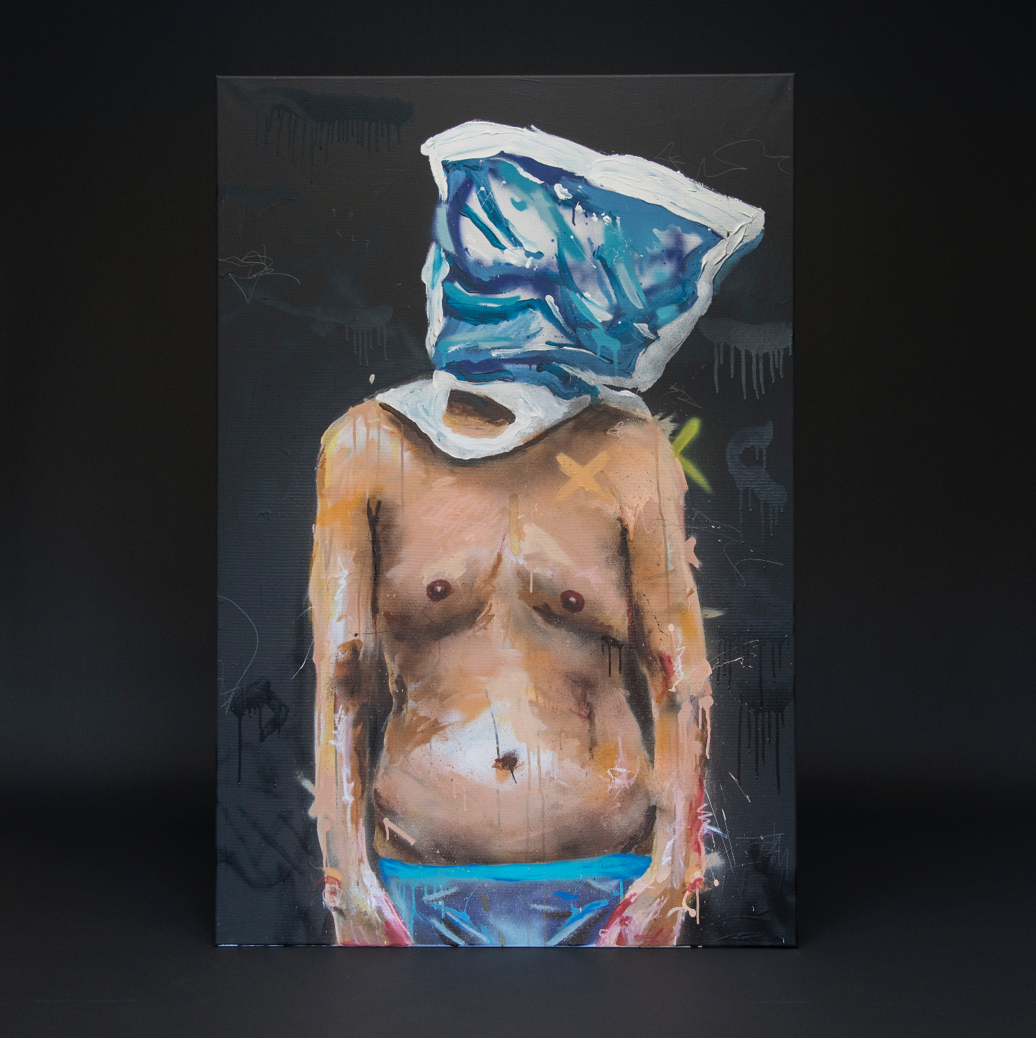 “Pose? (blå)”, 2018, 100 x 150 cm, blandingsteknikk på linlerret.