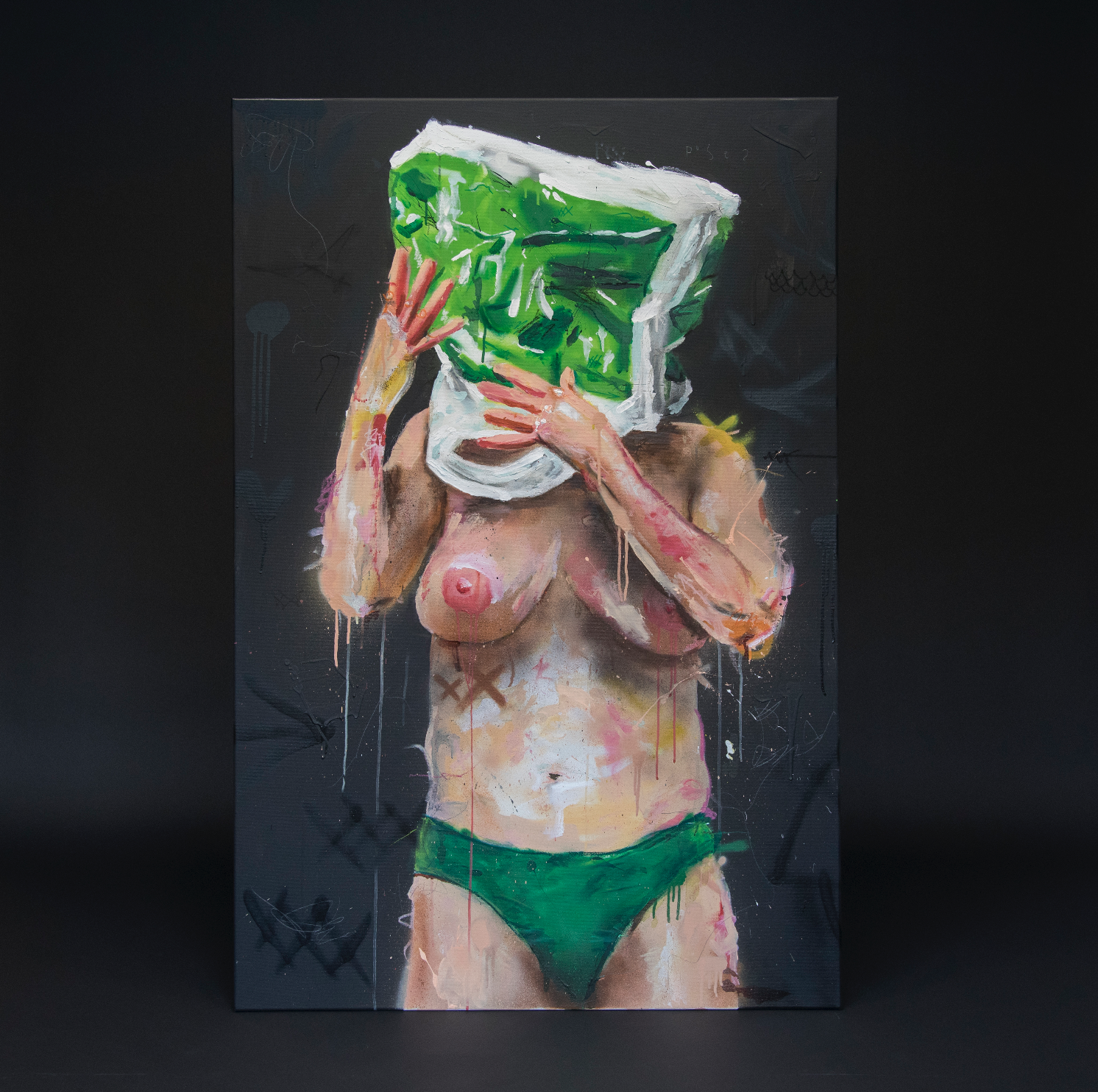 “Pose? (grønn)”, 2018, 100 x 150 cm, blandingsteknikk på linlerret.