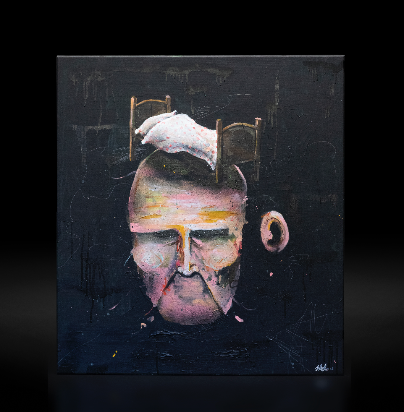 “Under senga”, 2018, 90 x 100 cm, blandingsteknikk på linlerret. 🔴SOLGT