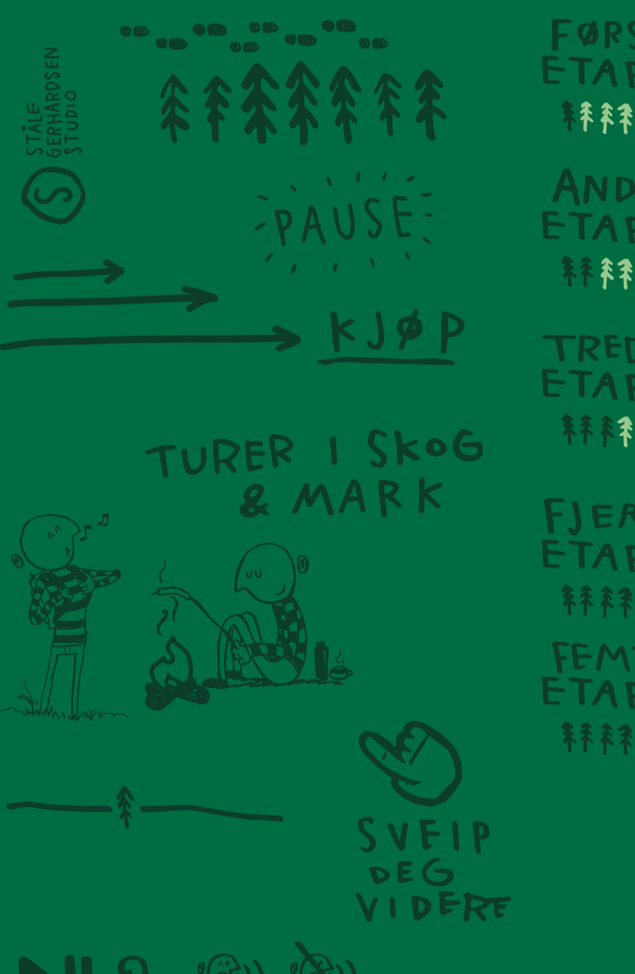 Flere designelementer. Noen ble brukt, andre ikke.