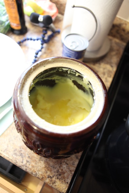  The Ahmadovs make their own ghee and keep it in this crock on the counter for up to a month. This is much more economical than store-bought if you use a lot of it. 