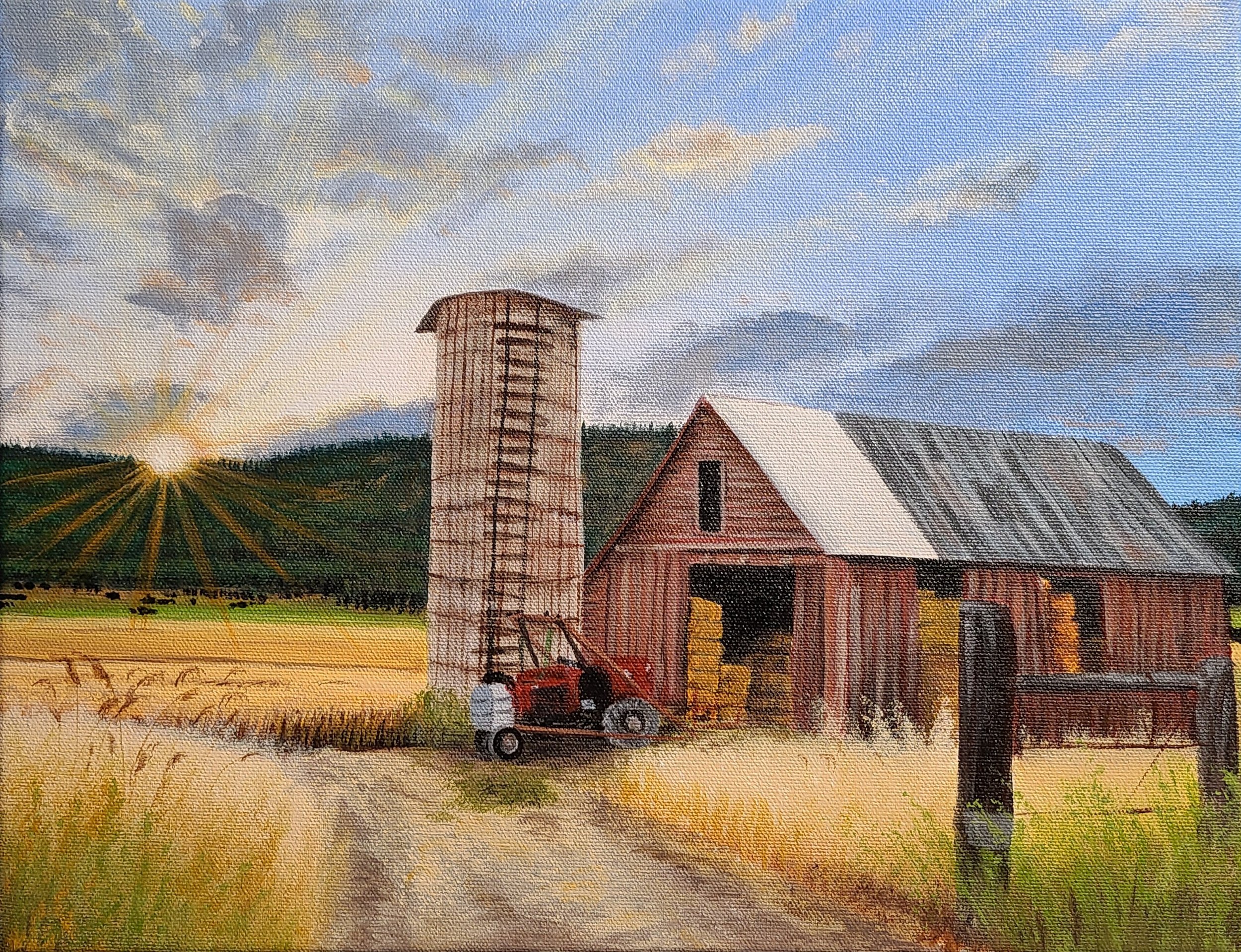 Sunrise Farm with Barn and Tractor - My painting (Part 2).jpg