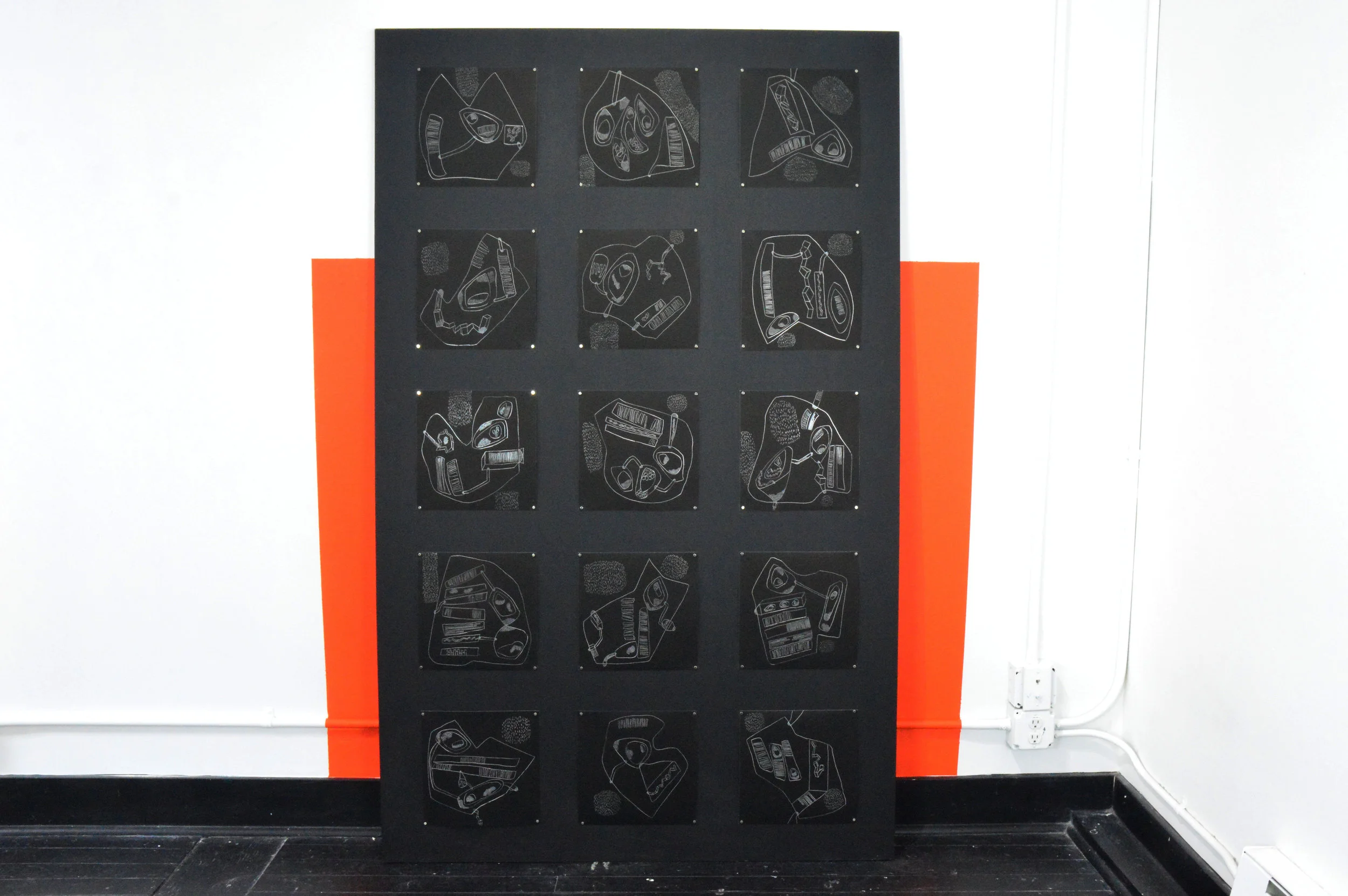   Cartographies  . 2017. Scratch board. each drawing is 11" x 11." This series of 30 drawings were created in response to Kristen Kosmas’s, The People’s Republic of Valerie, presented at On The Boards in May of 2017.&nbsp;   