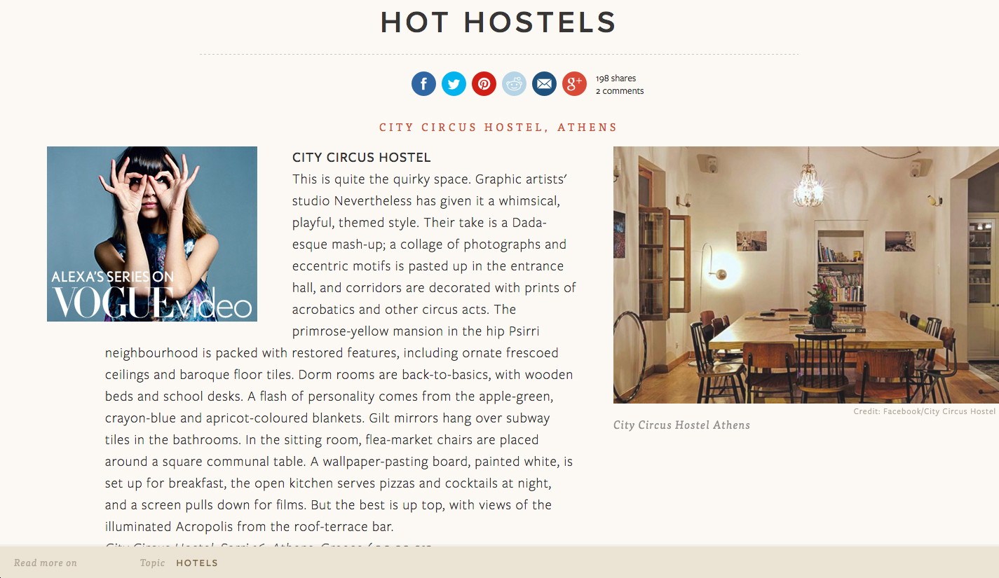 City Circus Hostel in Conde Nast Traveller 01/2014