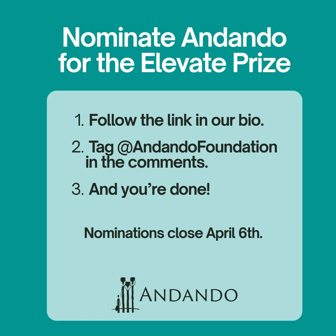 Nominate Andando for the Elevate Prize. Follow the link in our bio or visit https://www.instagram.com/p/DWoi-ZhEtmV/ 

Tag @AndandoFoundation in the comments, and you're done. 

Nominations close April 6th.