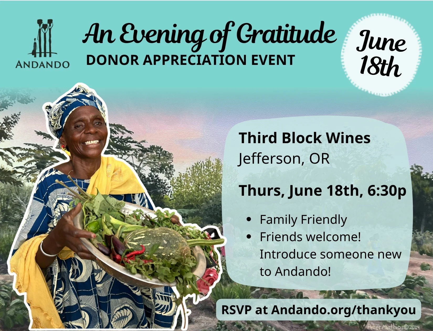 Join us for an Evening of Gratitude as we say Thank You to our donors and celebrate what we have accomplished in Senegal together.  Bring a friend and introduce someone new to Andando! 

RSVP by June 1st by following the link in our bio or at www.and