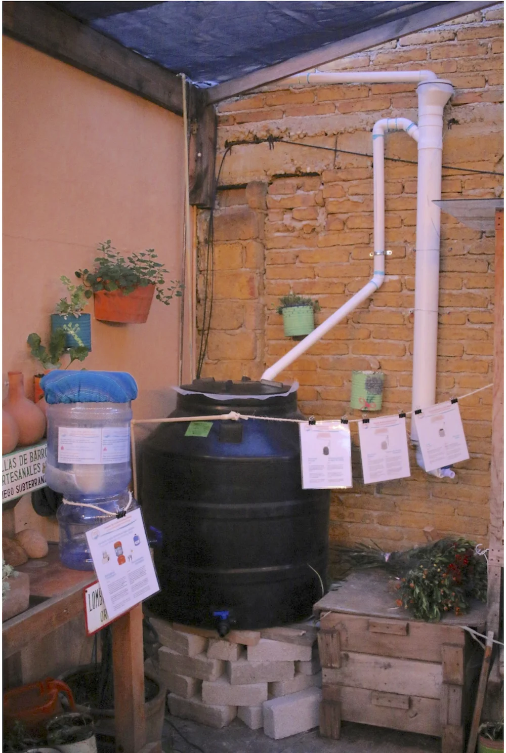 Small-scale urban rainwater harvesting system - utilizing our ceramic water filter for post-filtration - located at Vía Orgánica in San Miguel de Allende, Gto, México.