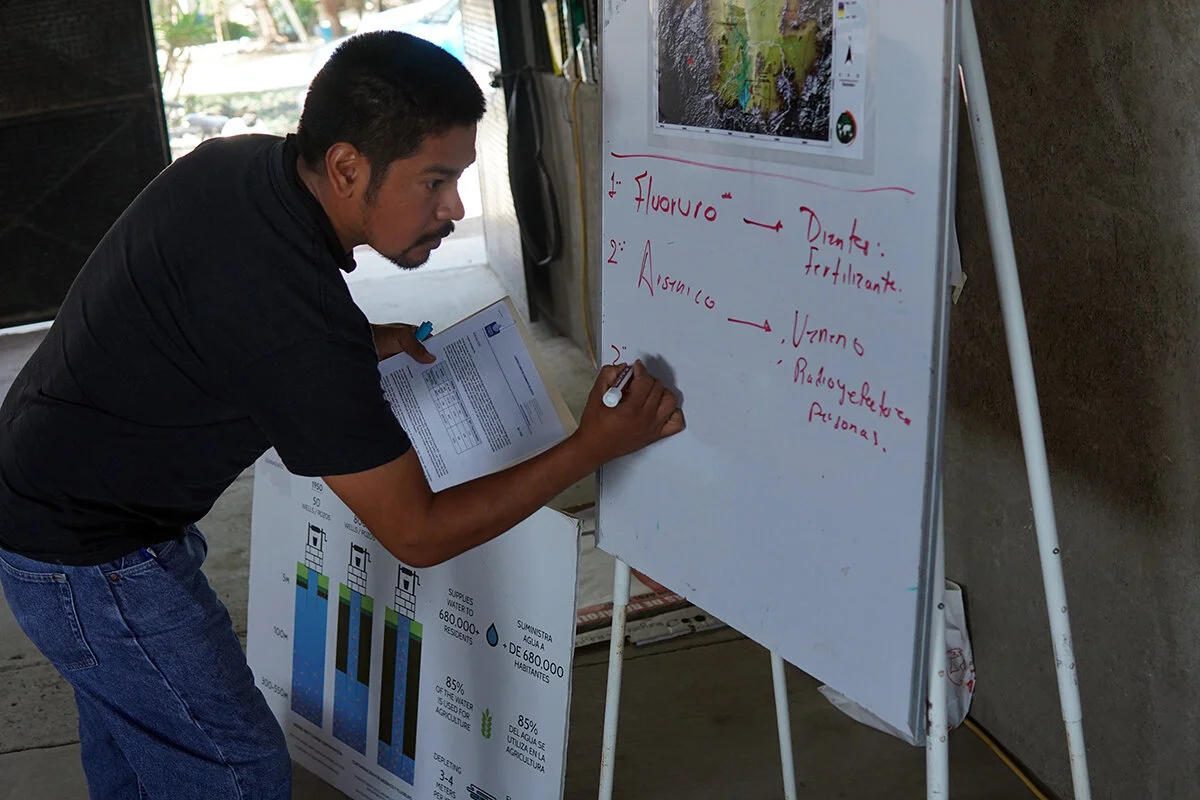 Foto: Saúl Juárez, Coordinador de Proyectos Comunitarios en Caminos de Agua haciendo una demotración y explicando la importancia del uso del agua de lluvia.