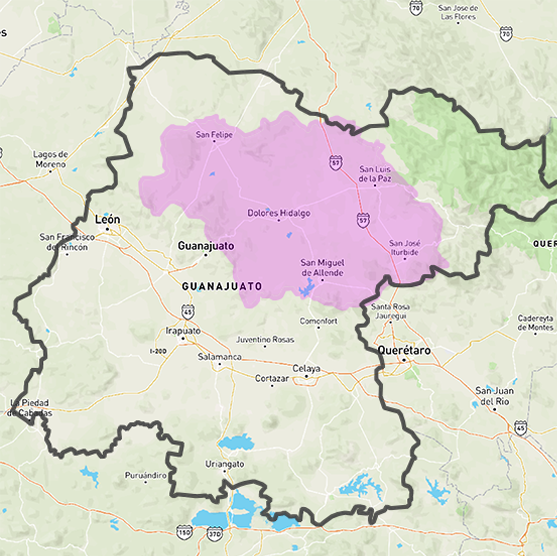 Photo: The Upper Rio Laja Watershed pictured above (in pink) encompasses seven municipalities across Northern Guanajuato State.